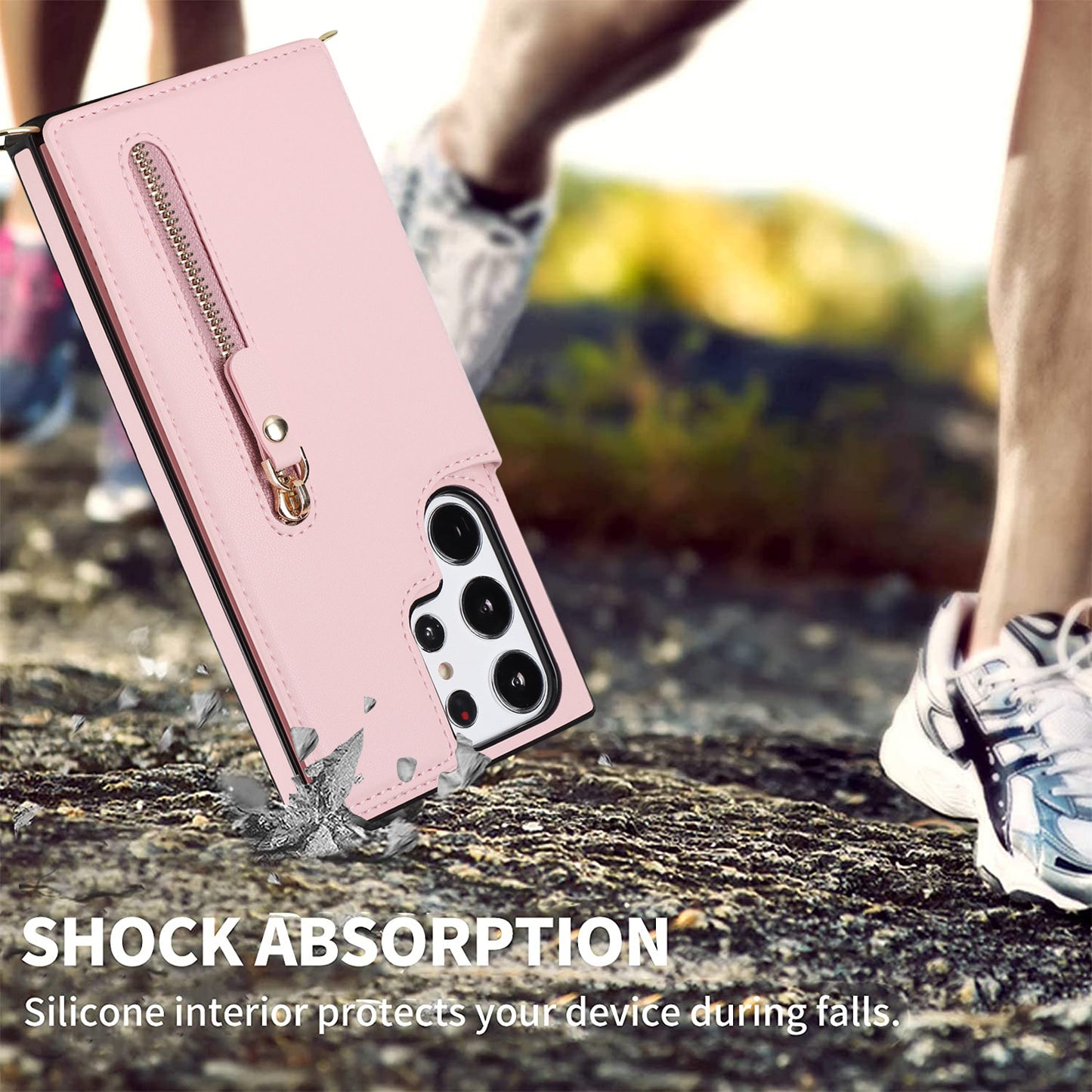 For Samsung Galaxy S24 Ultra Crossbody Phone Case Kickstand RFID Blocking Cover - Pink