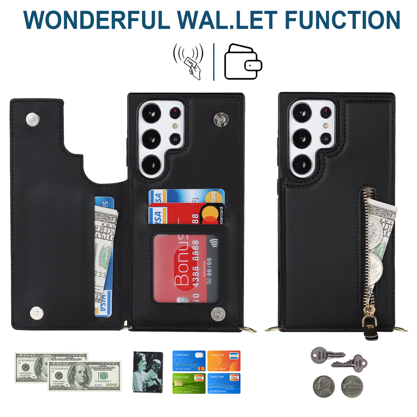 For Samsung Galaxy S24 Ultra Crossbody Phone Case Kickstand RFID Blocking Cover - Black