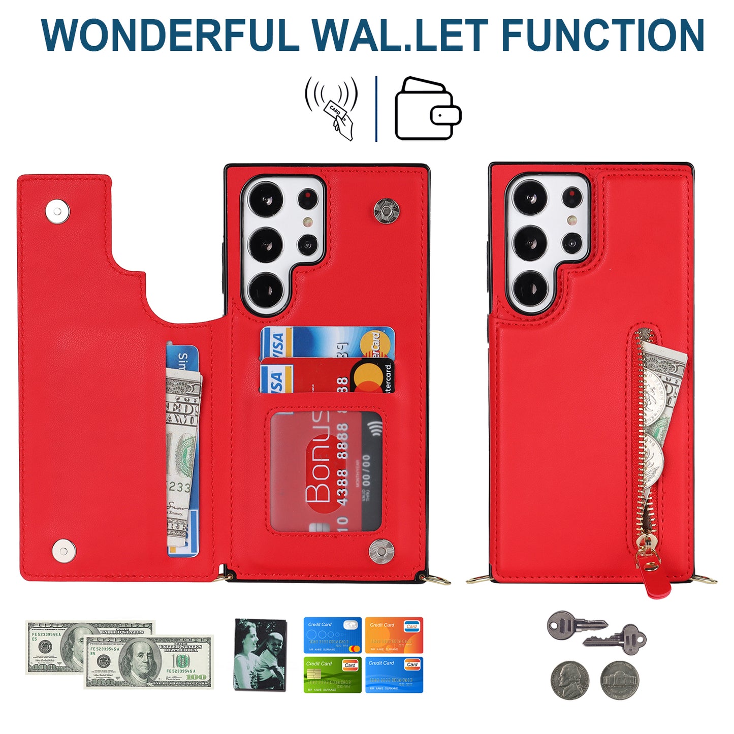 For Samsung Galaxy S24 Ultra Crossbody Phone Case Kickstand RFID Blocking Cover - Red