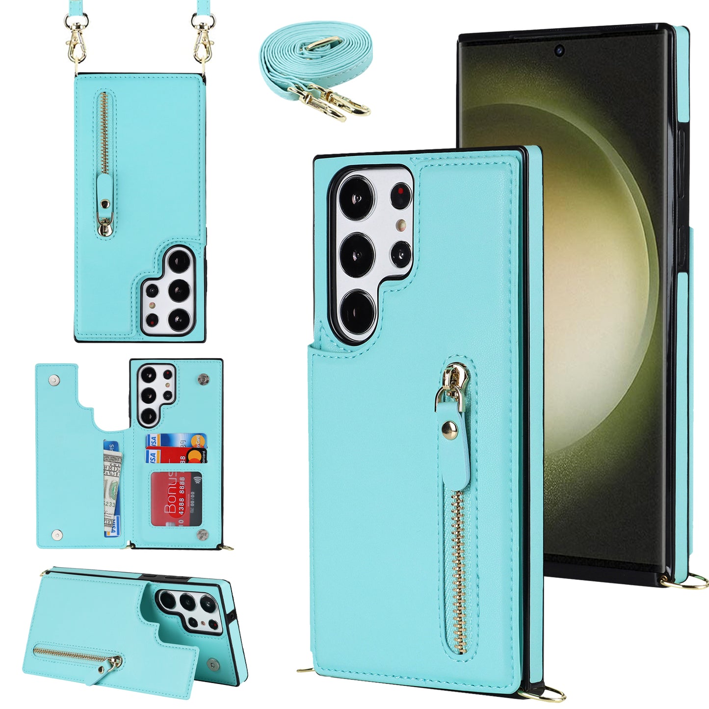 For Samsung Galaxy S24 Ultra Crossbody Phone Case Kickstand RFID Blocking Cover - Blue