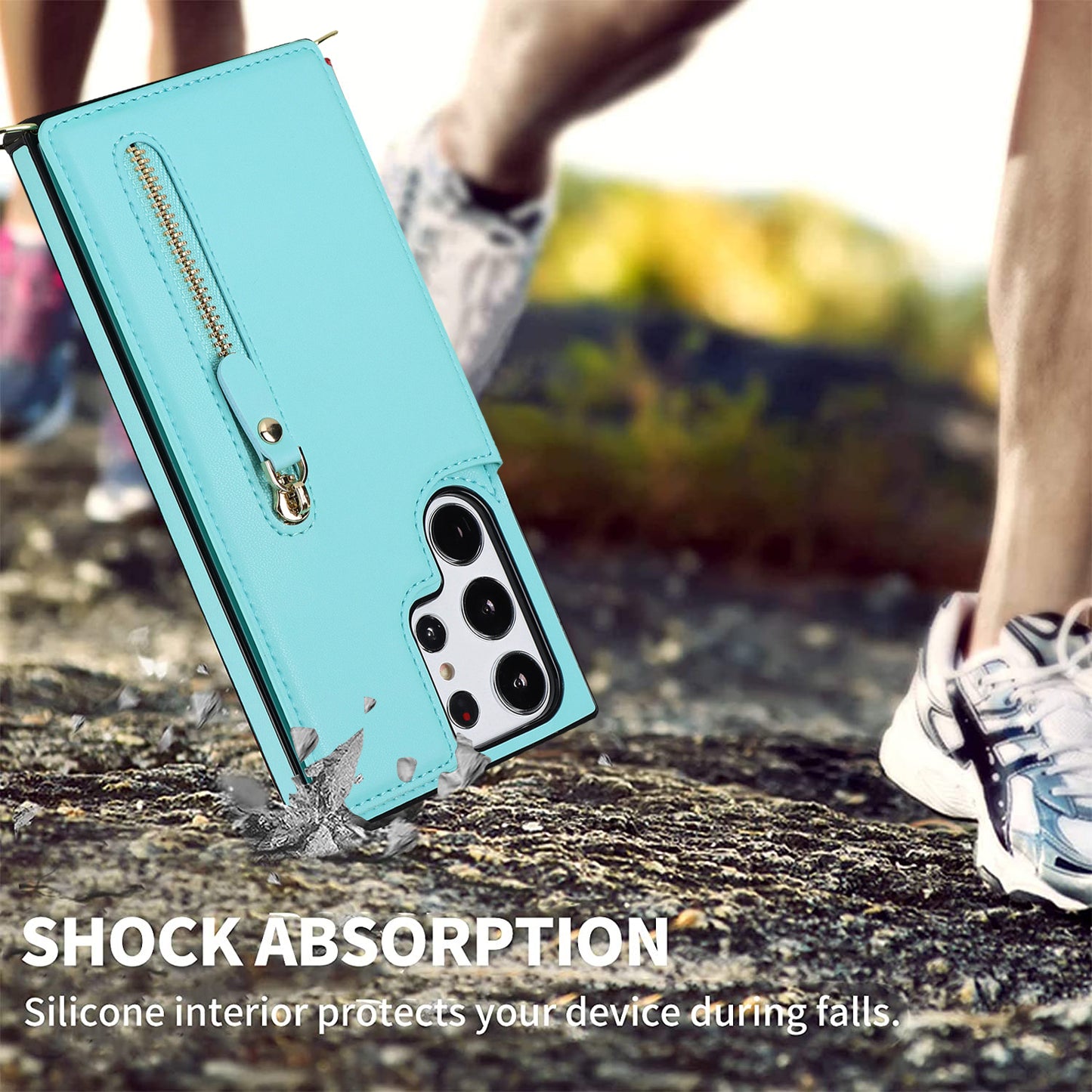 For Samsung Galaxy S24 Ultra Crossbody Phone Case Kickstand RFID Blocking Cover - Blue