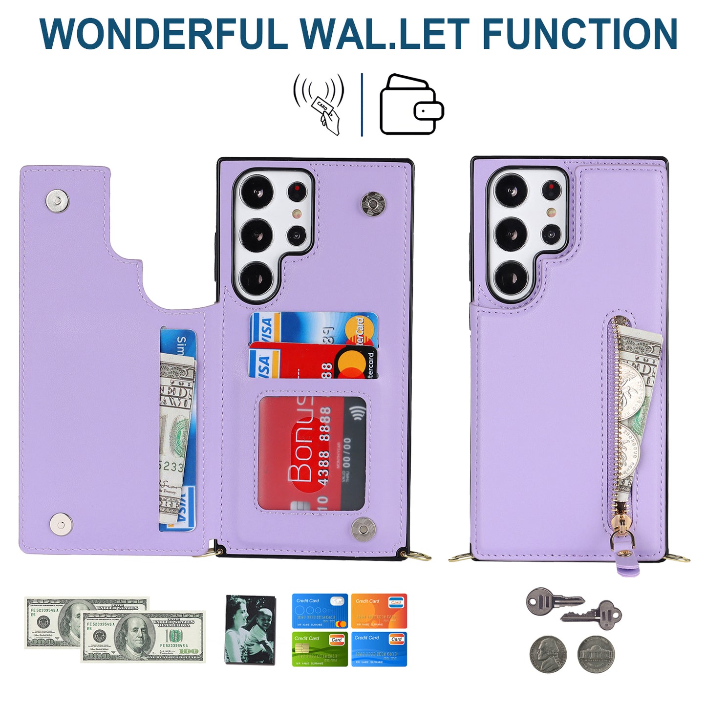 For Samsung Galaxy S24 Ultra Crossbody Phone Case Kickstand RFID Blocking Cover - Purple