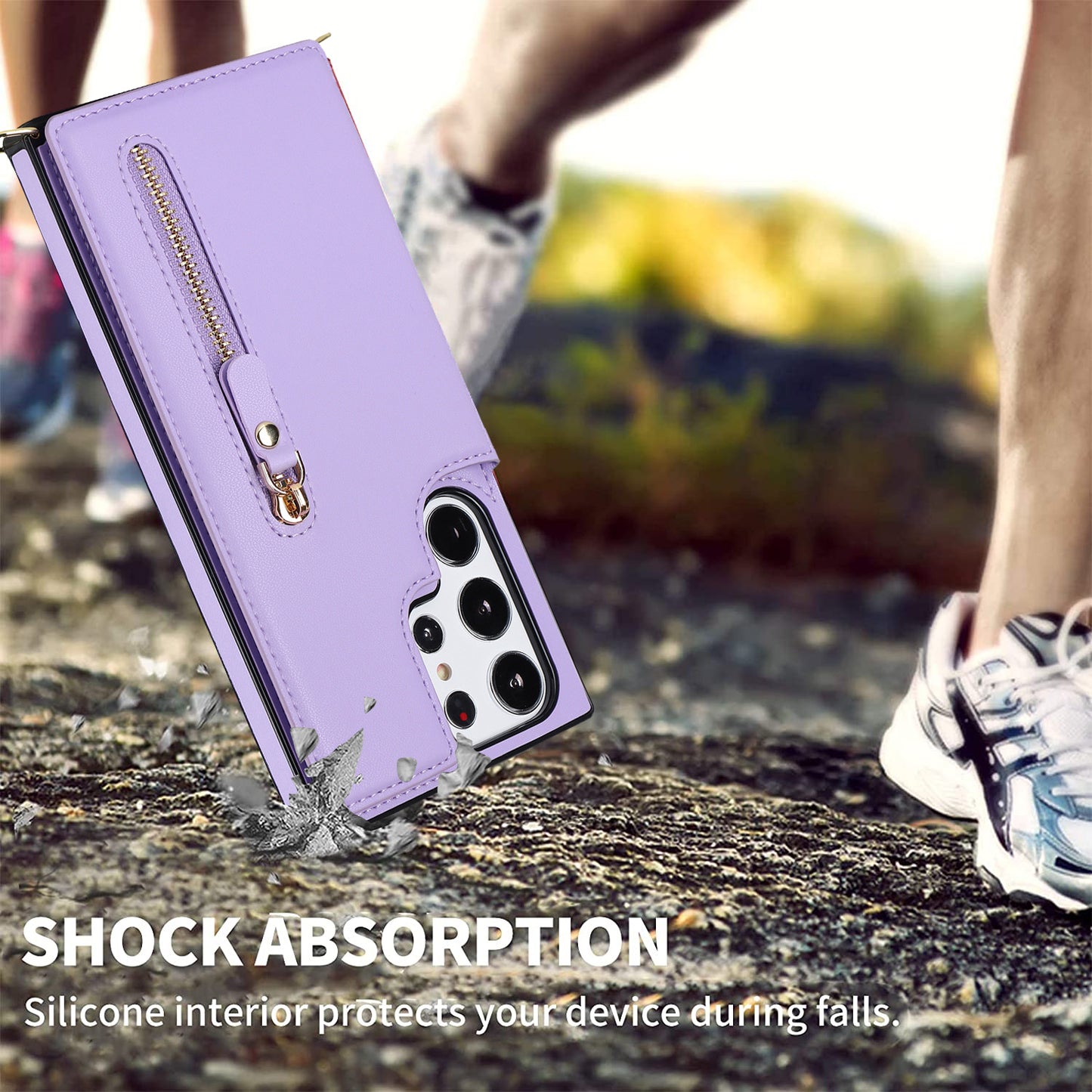 For Samsung Galaxy S24 Ultra Crossbody Phone Case Kickstand RFID Blocking Cover - Purple