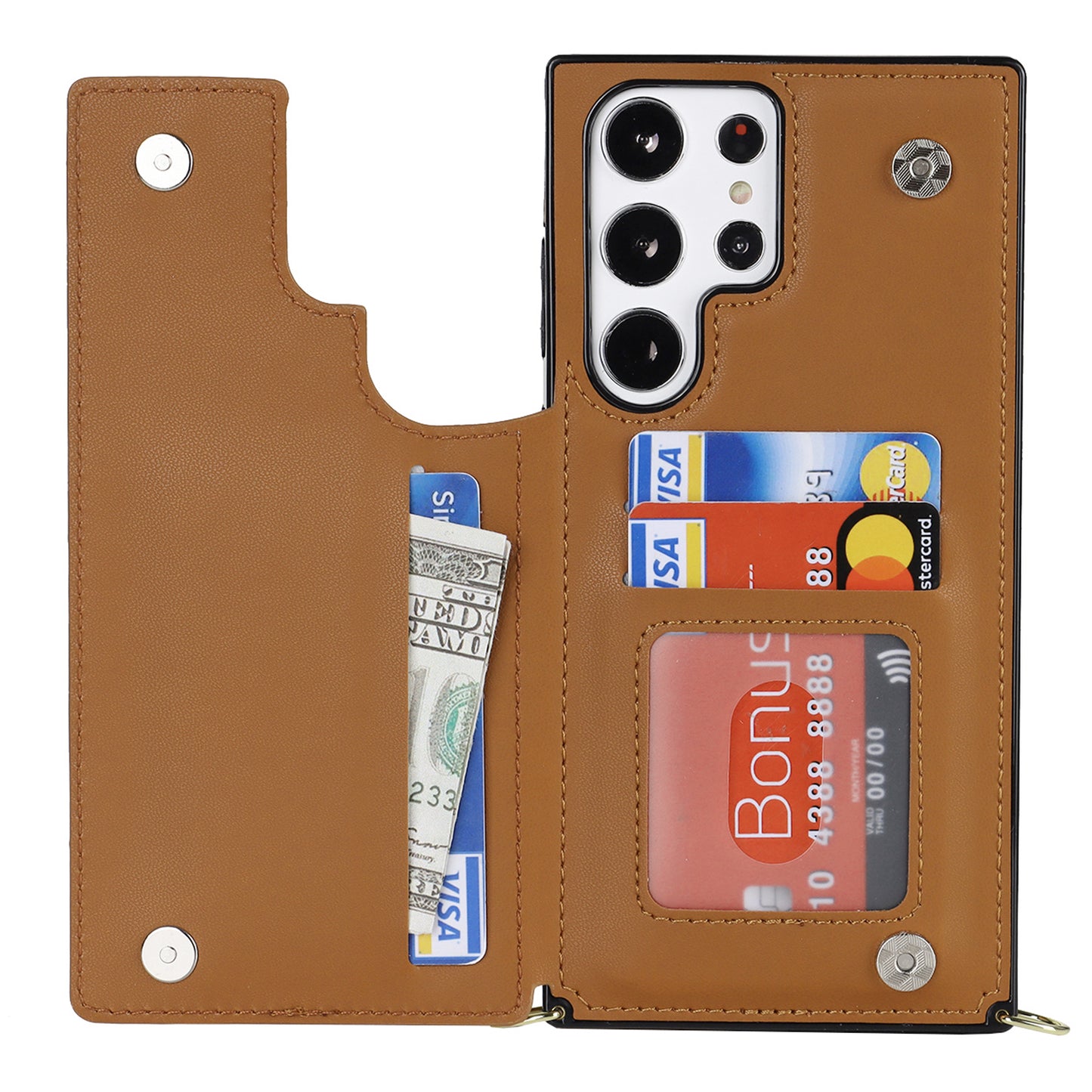 For Samsung Galaxy S24 Ultra Crossbody Phone Case Kickstand RFID Blocking Cover - Brown
