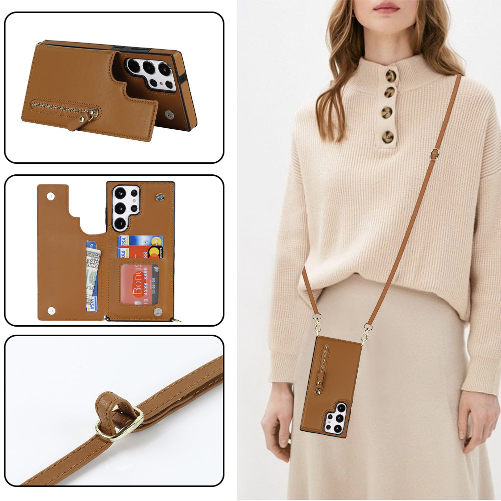 For Samsung Galaxy S24 Ultra Crossbody Phone Case Kickstand RFID Blocking Cover - Brown