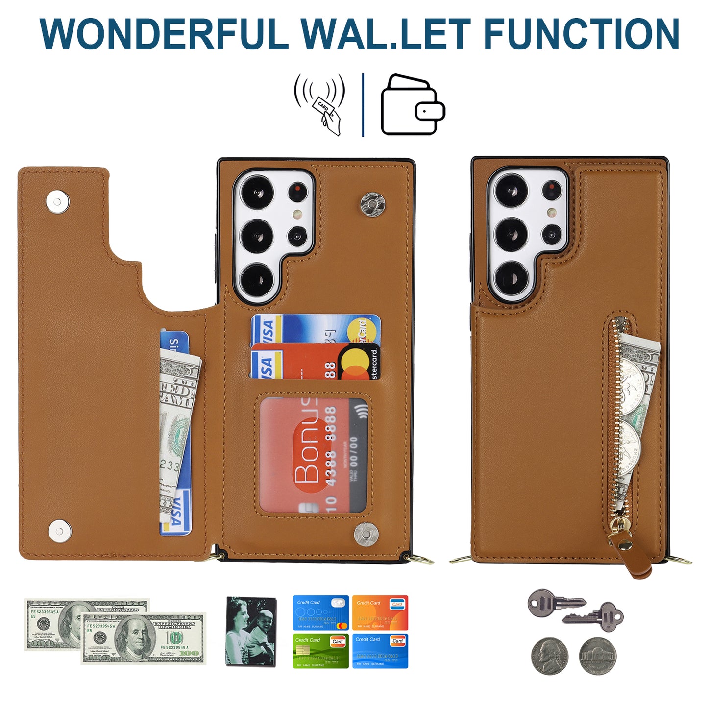 For Samsung Galaxy S24 Ultra Crossbody Phone Case Kickstand RFID Blocking Cover - Brown