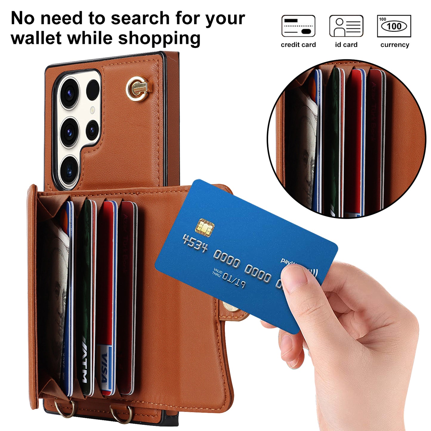 For Samsung Galaxy S24 Ultra RFID Blocking Card Slots Cover Phone Card Case - Brown