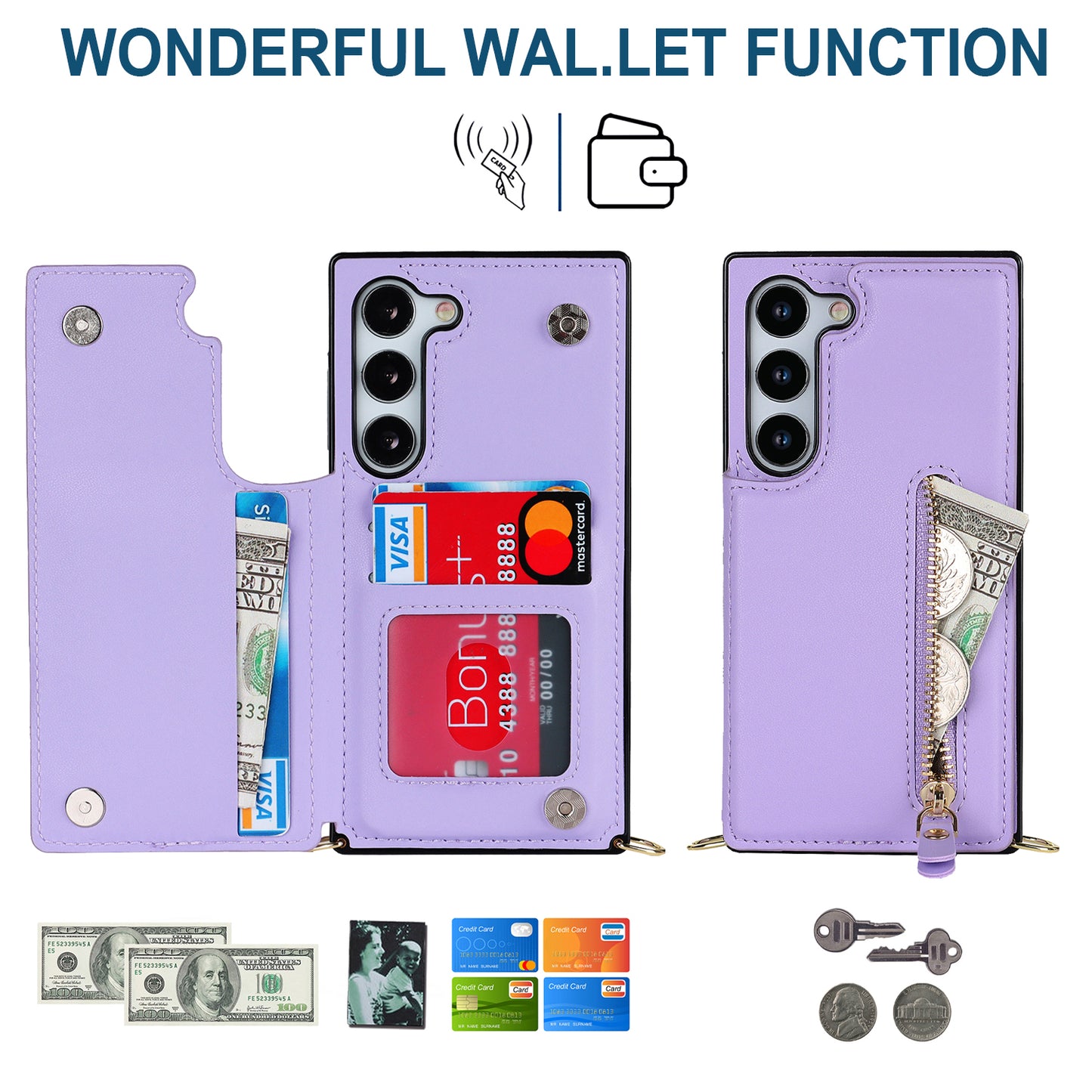 For Samsung Galaxy S24+ Zipper Wallet Case Crossbody Phone Cover Magnetic Button - Purple