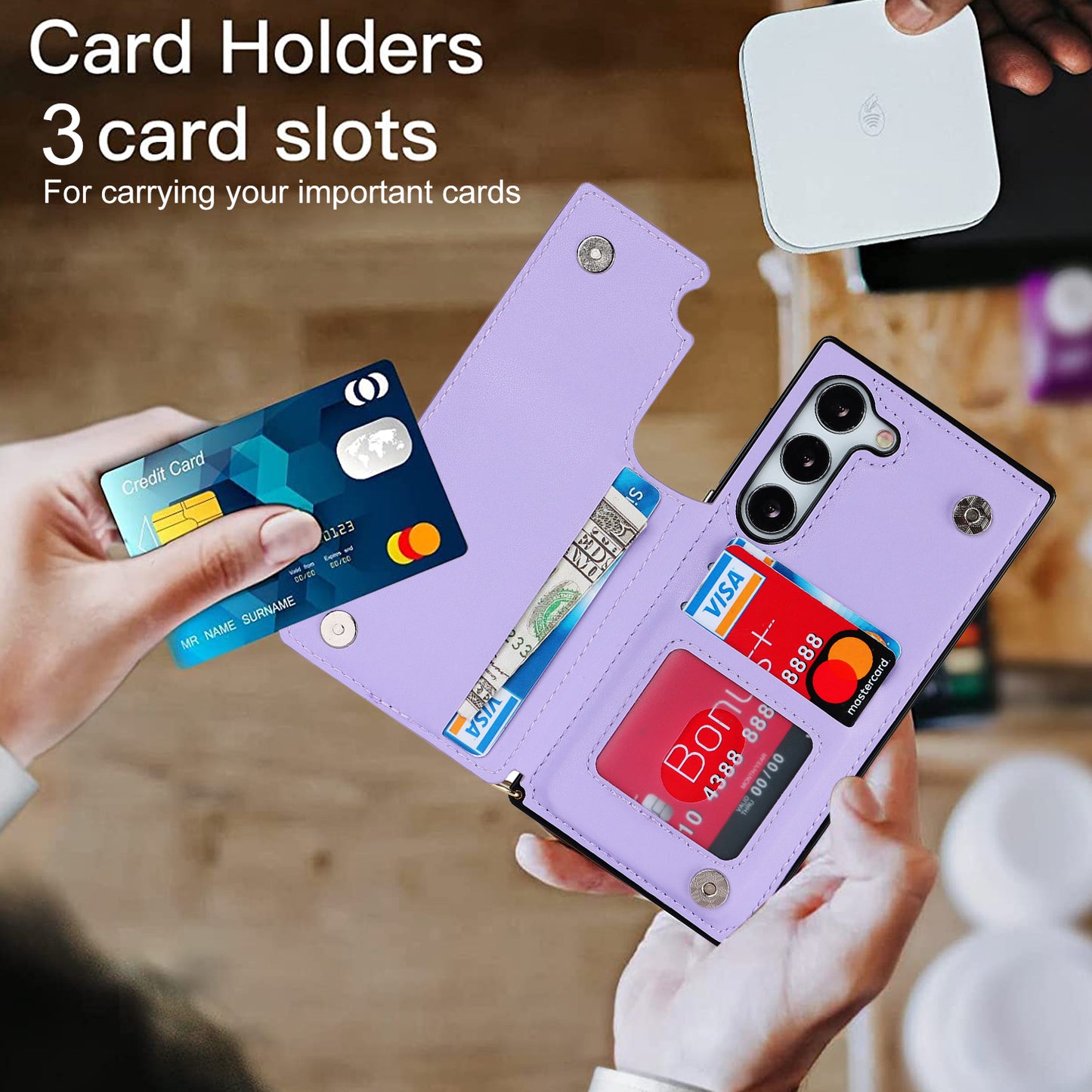 For Samsung Galaxy S24+ Zipper Wallet Case Crossbody Phone Cover Magnetic Button - Purple