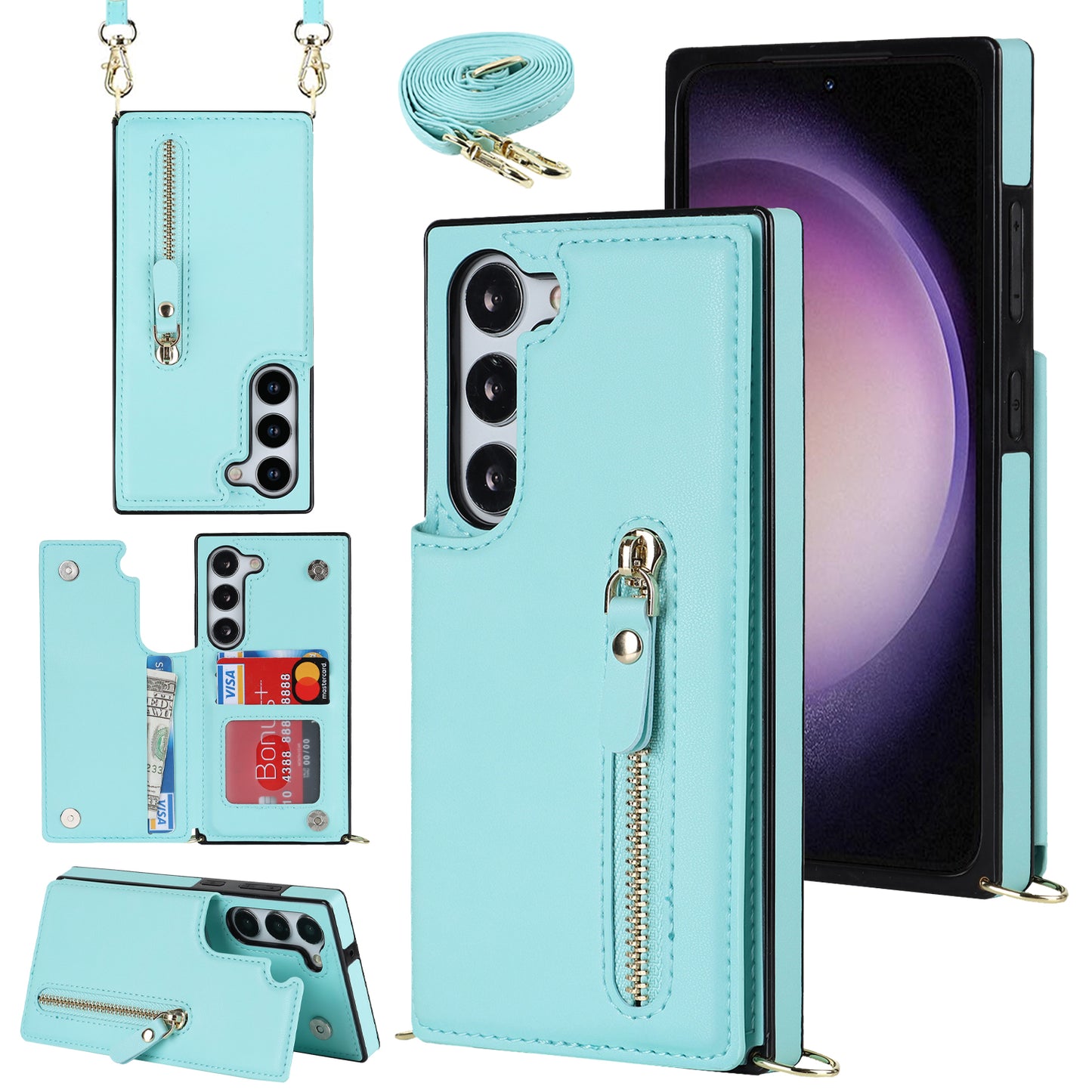 For Samsung Galaxy S24 Case Zipper Pocket RFID Blocking Cover with Shoulder Strap - Blue