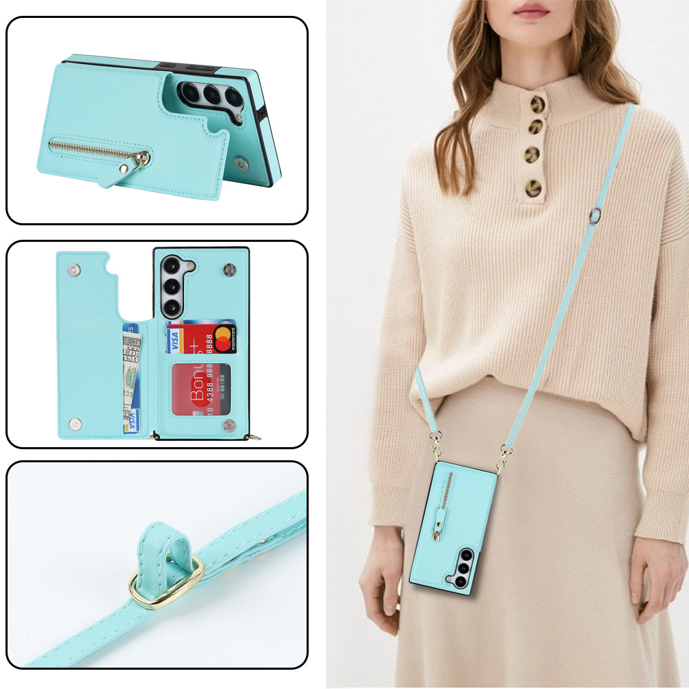 For Samsung Galaxy S24 Case Zipper Pocket RFID Blocking Cover with Shoulder Strap - Blue