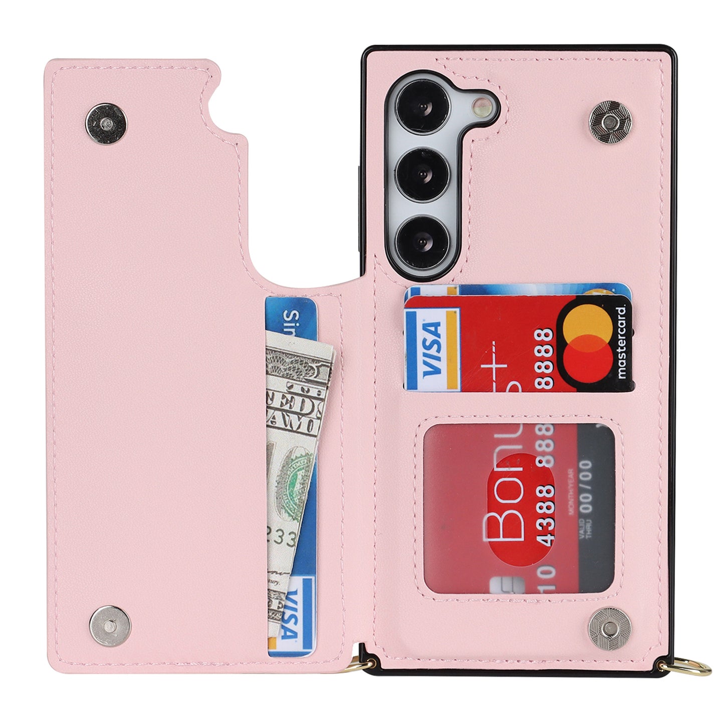 For Samsung Galaxy S24 Case Zipper Pocket RFID Blocking Cover with Shoulder Strap - Pink