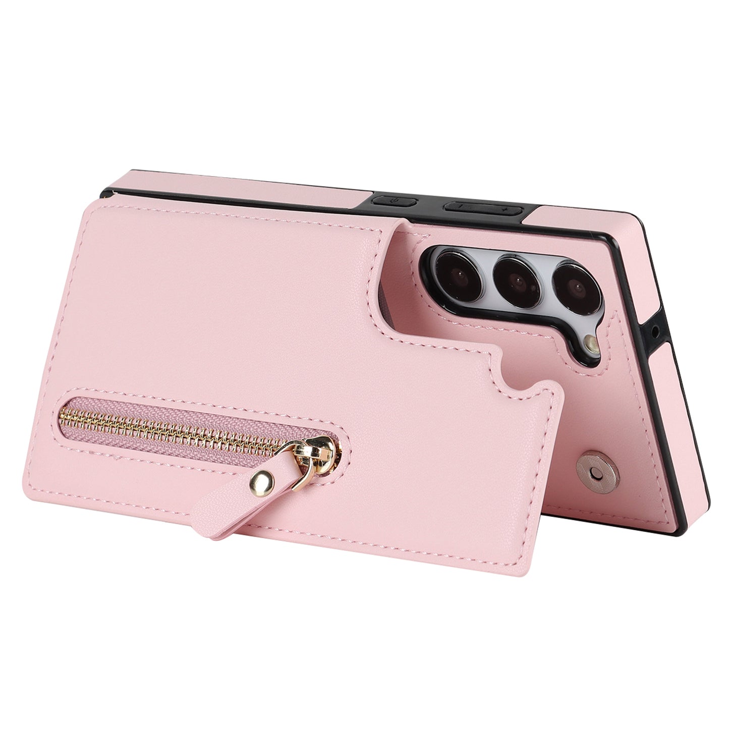 For Samsung Galaxy S24 Case Zipper Pocket RFID Blocking Cover with Shoulder Strap - Pink