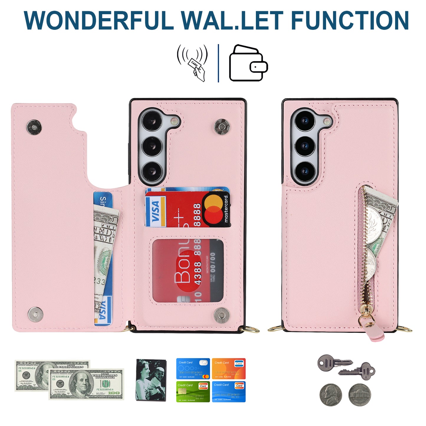 For Samsung Galaxy S24 Case Zipper Pocket RFID Blocking Cover with Shoulder Strap - Pink