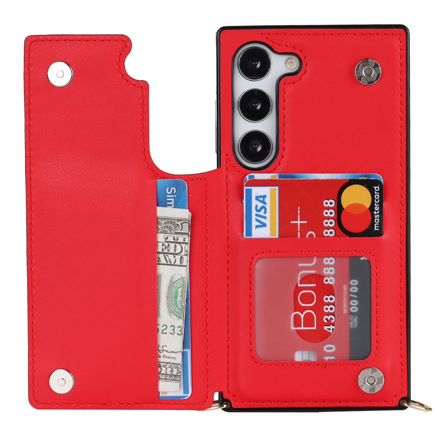 For Samsung Galaxy S24 Case Zipper Pocket RFID Blocking Cover with Shoulder Strap - Red