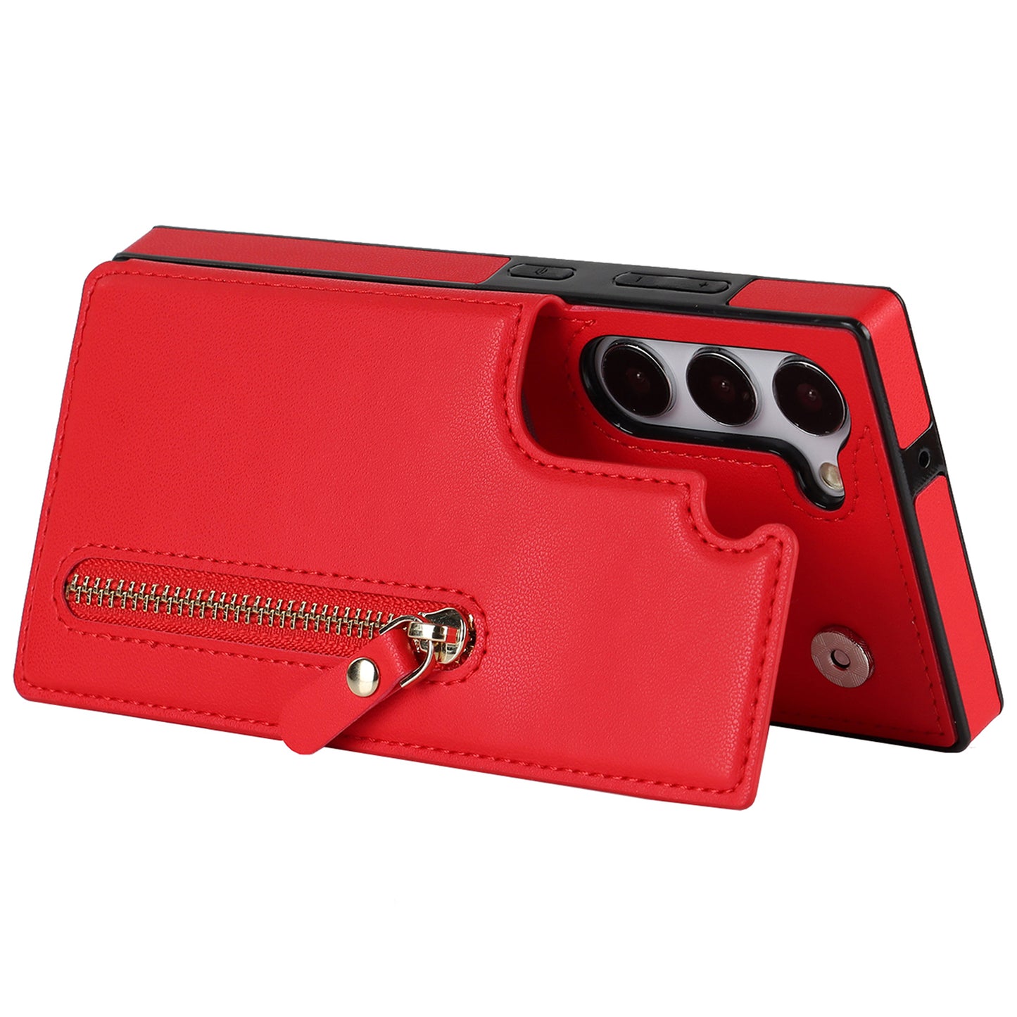 For Samsung Galaxy S24 Case Zipper Pocket RFID Blocking Cover with Shoulder Strap - Red