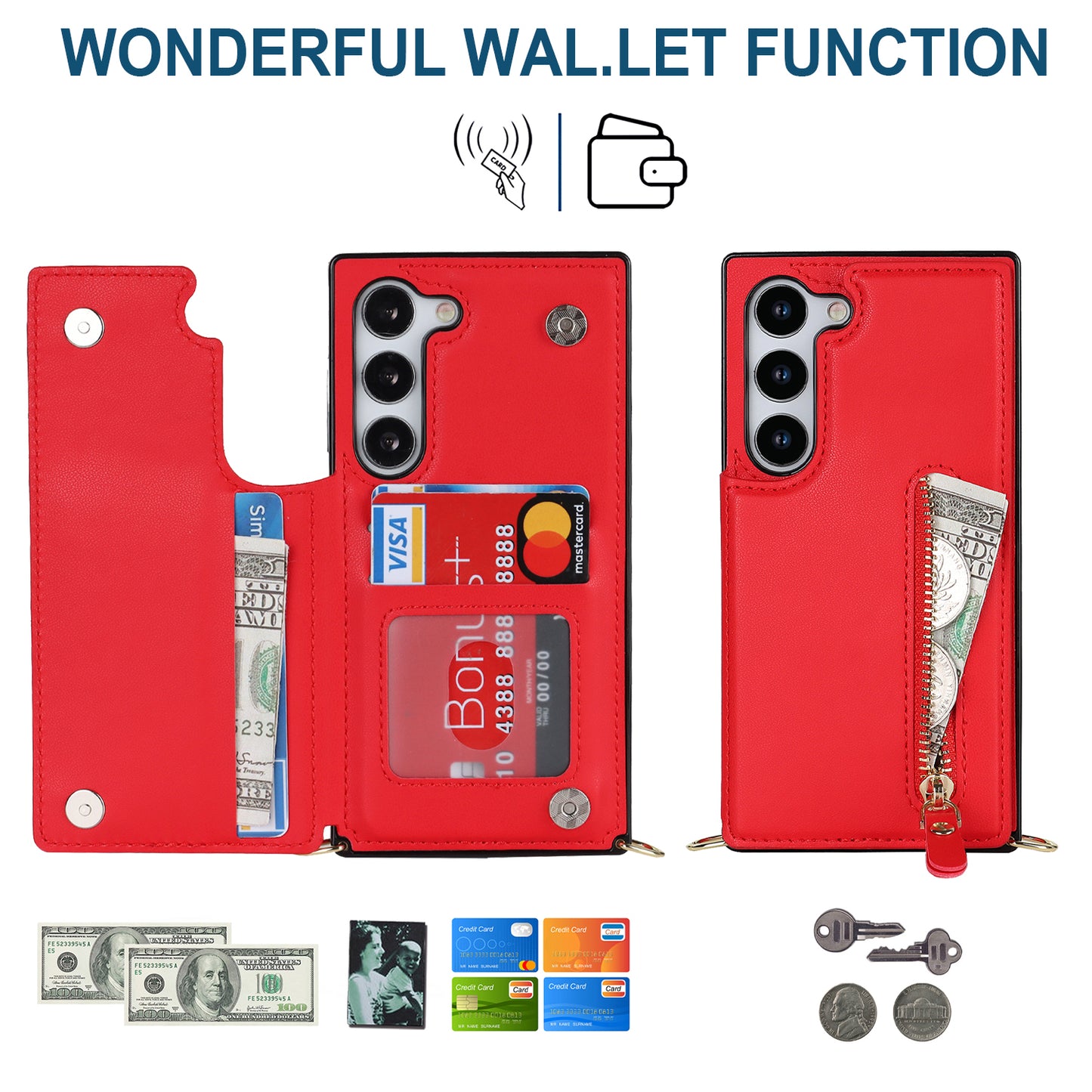 For Samsung Galaxy S24 Case Zipper Pocket RFID Blocking Cover with Shoulder Strap - Red