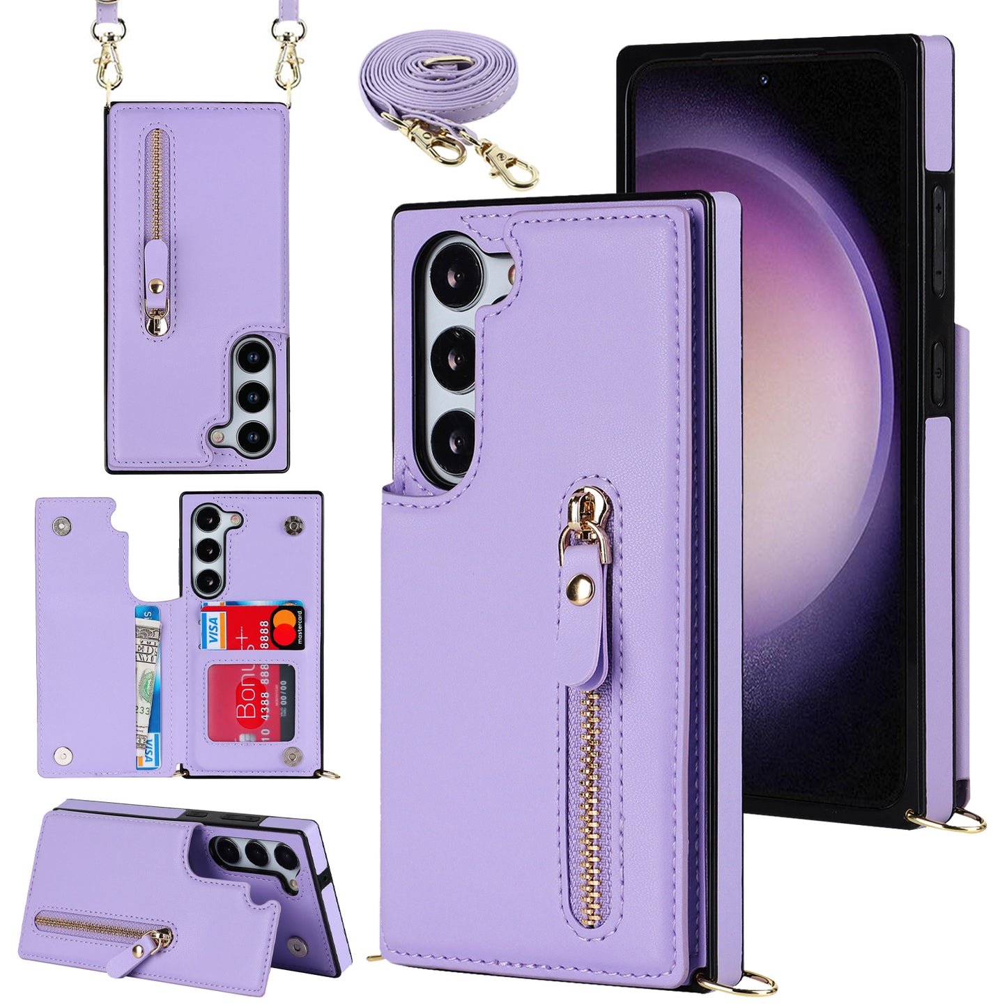 For Samsung Galaxy S24 Case Zipper Pocket RFID Blocking Cover with Shoulder Strap - Purple