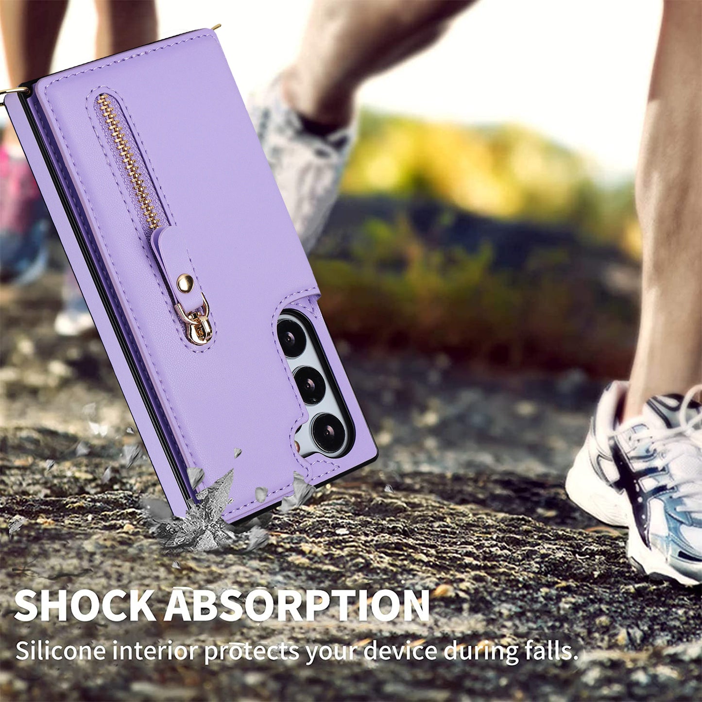 For Samsung Galaxy S24 Case Zipper Pocket RFID Blocking Cover with Shoulder Strap - Purple