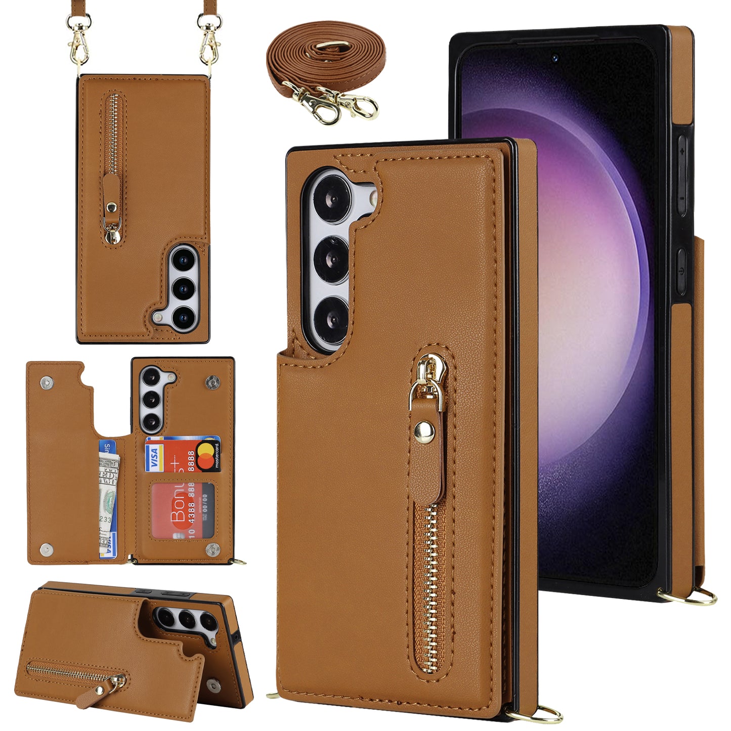 For Samsung Galaxy S24 Case Zipper Pocket RFID Blocking Cover with Shoulder Strap - Brown