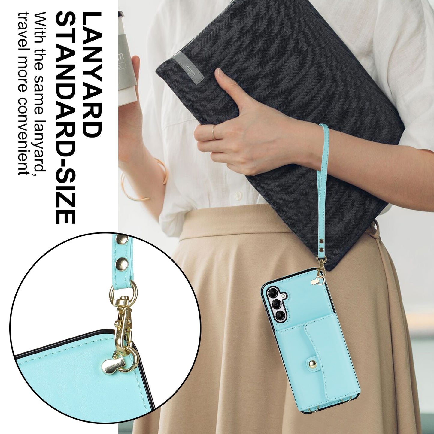 For Samsung Galaxy S24+ Phone Cover Card Slots Kickstand Crossbody Case with Hand Strap - Blue