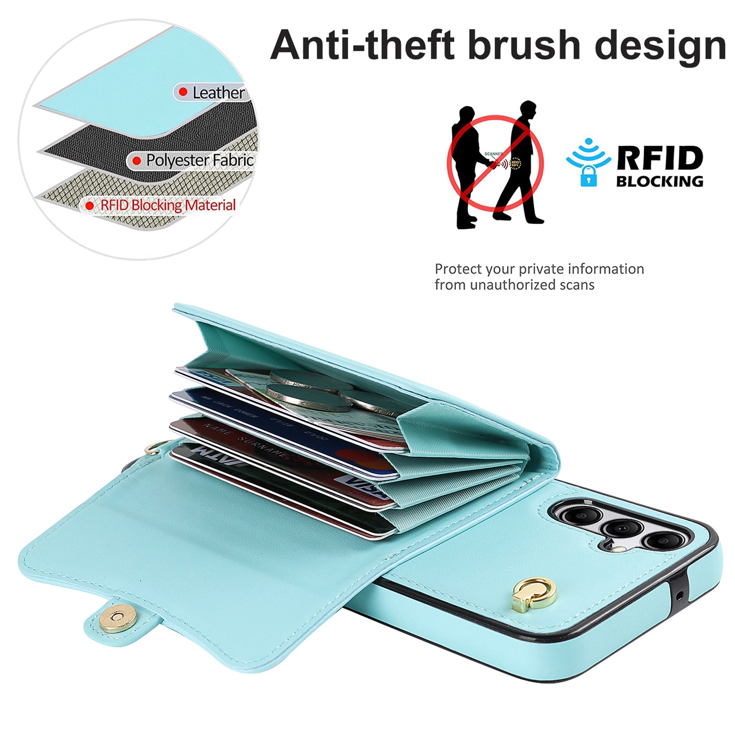 For Samsung Galaxy S24+ Phone Cover Card Slots Kickstand Crossbody Case with Hand Strap - Blue