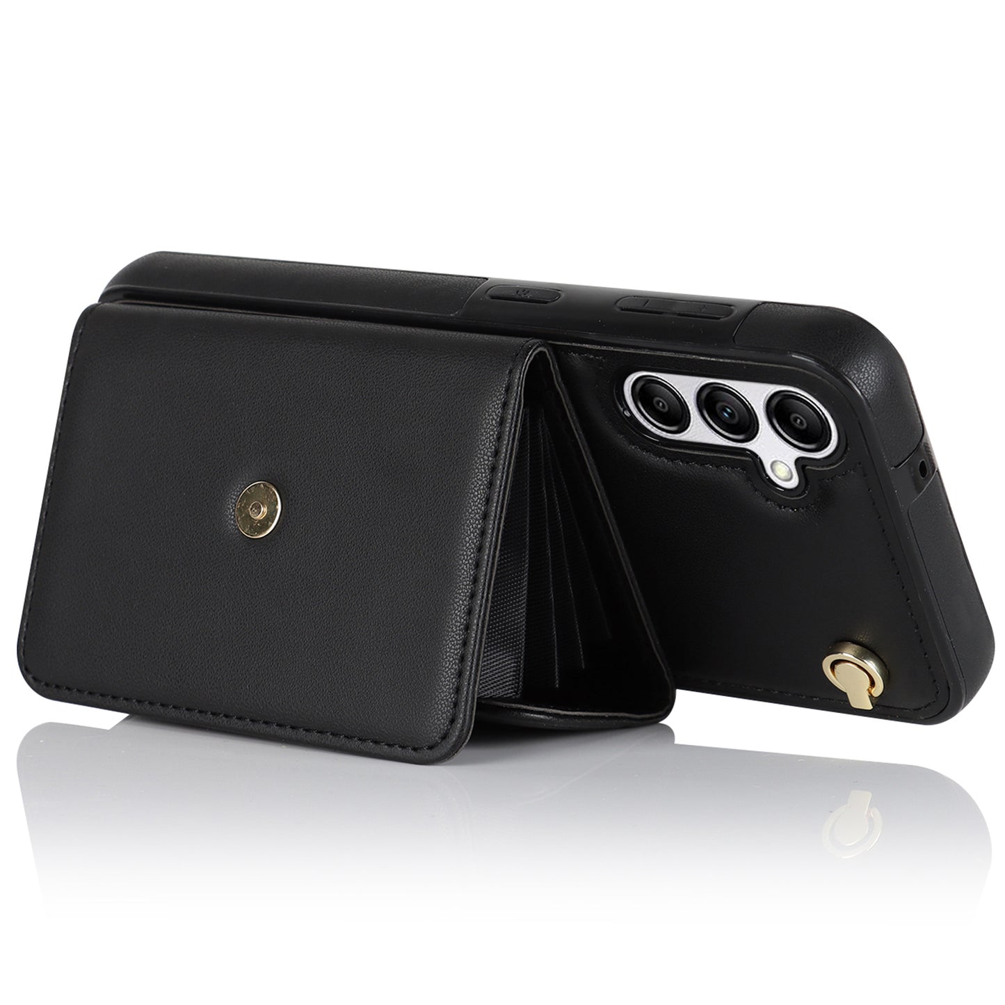 For Samsung Galaxy S24+ Phone Cover Card Slots Kickstand Crossbody Case with Hand Strap - Black