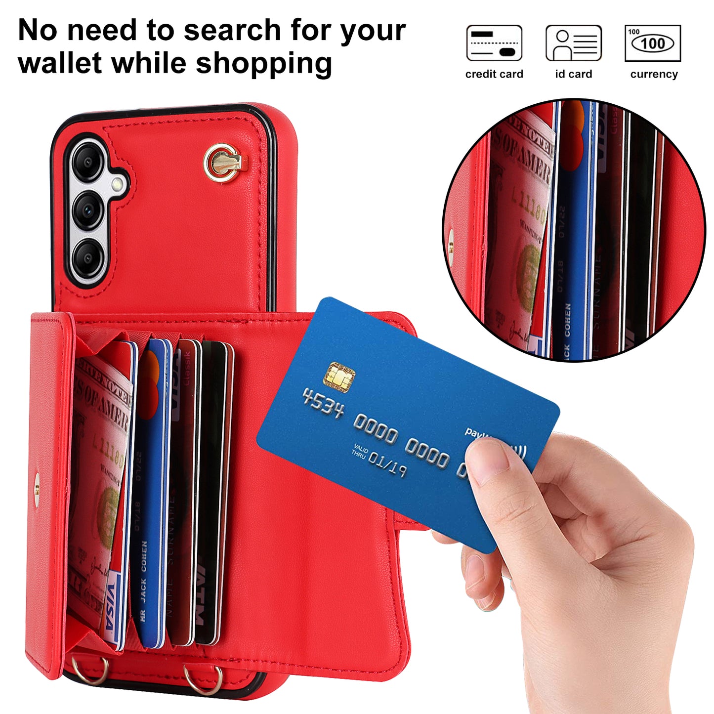 For Samsung Galaxy S24+ Phone Cover Card Slots Kickstand Crossbody Case with Hand Strap - Red