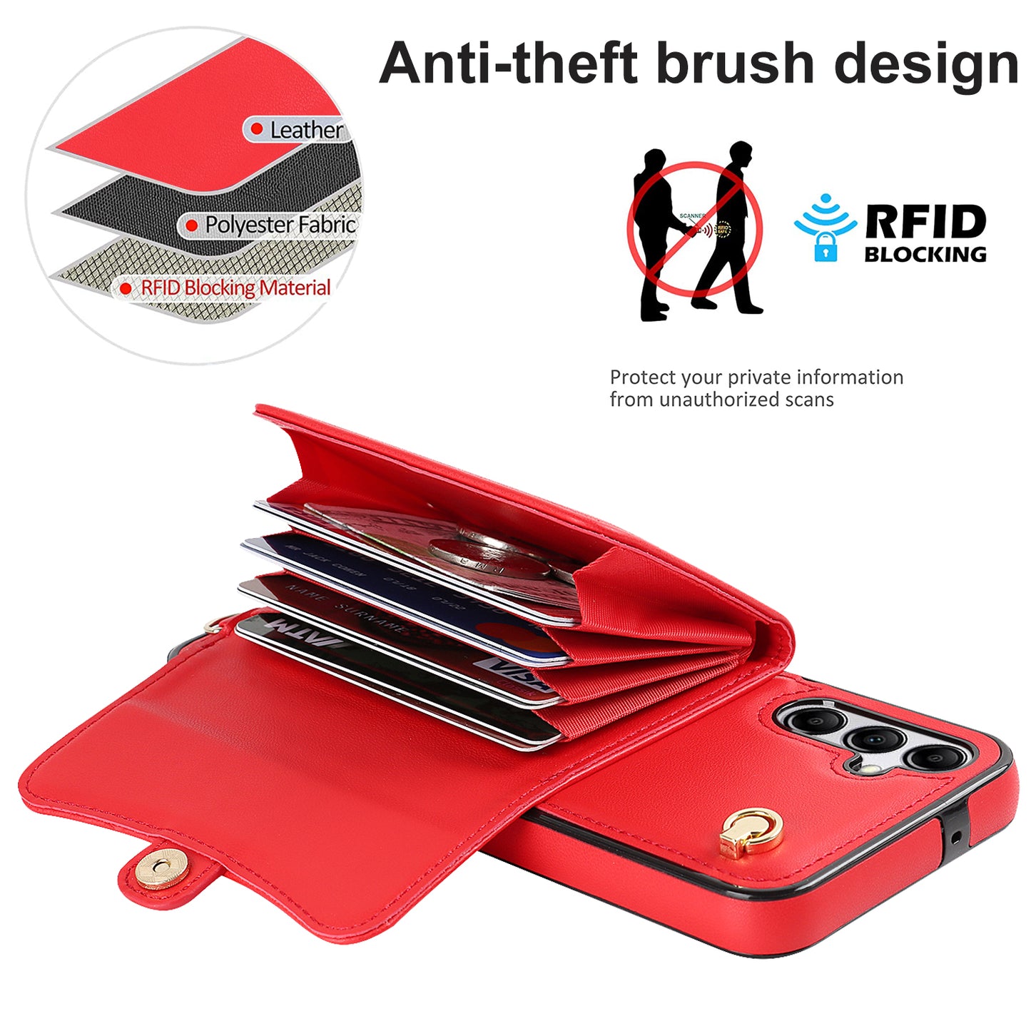 For Samsung Galaxy S24+ Phone Cover Card Slots Kickstand Crossbody Case with Hand Strap - Red