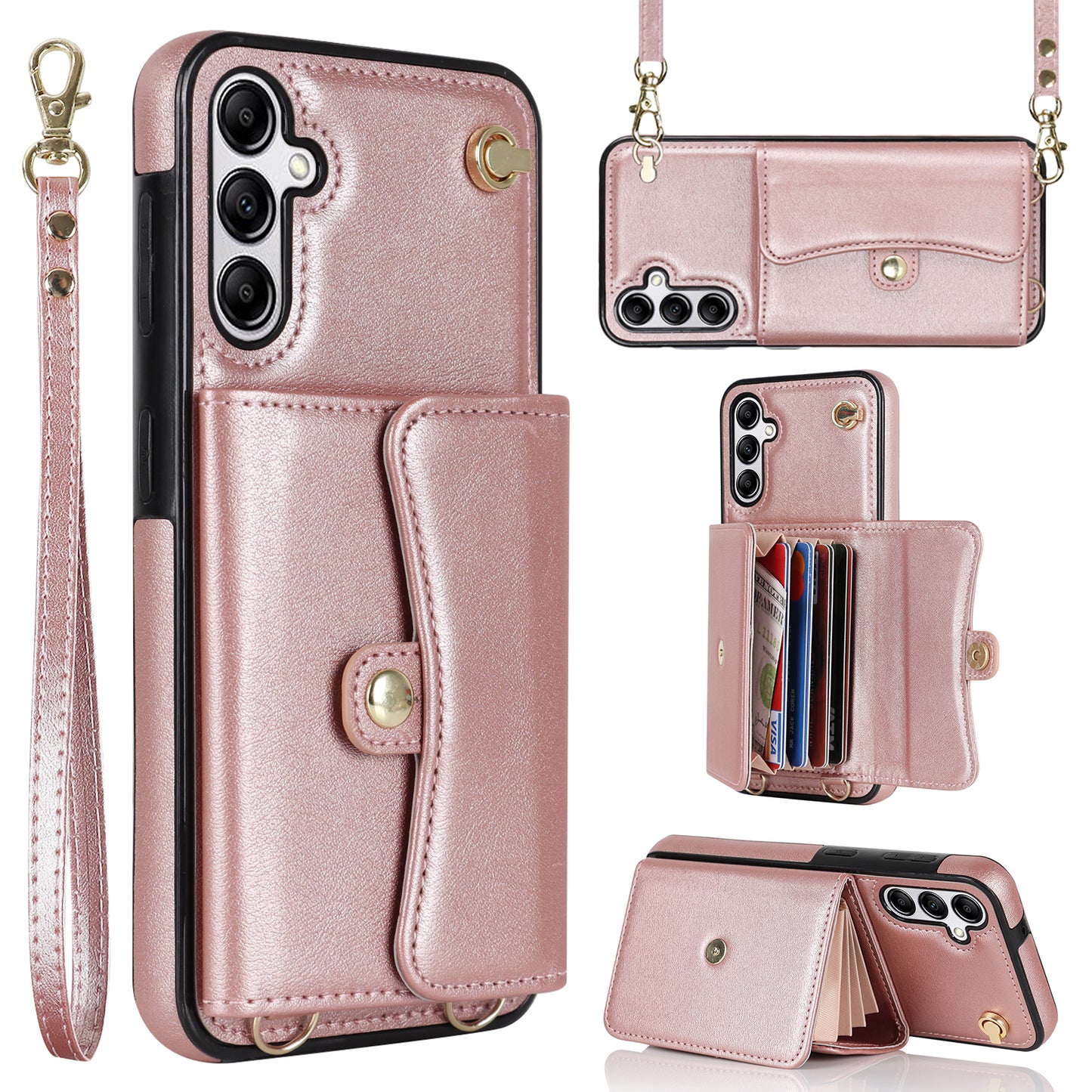 For Samsung Galaxy S24+ Phone Cover Card Slots Kickstand Crossbody Case with Hand Strap - Rose Gold