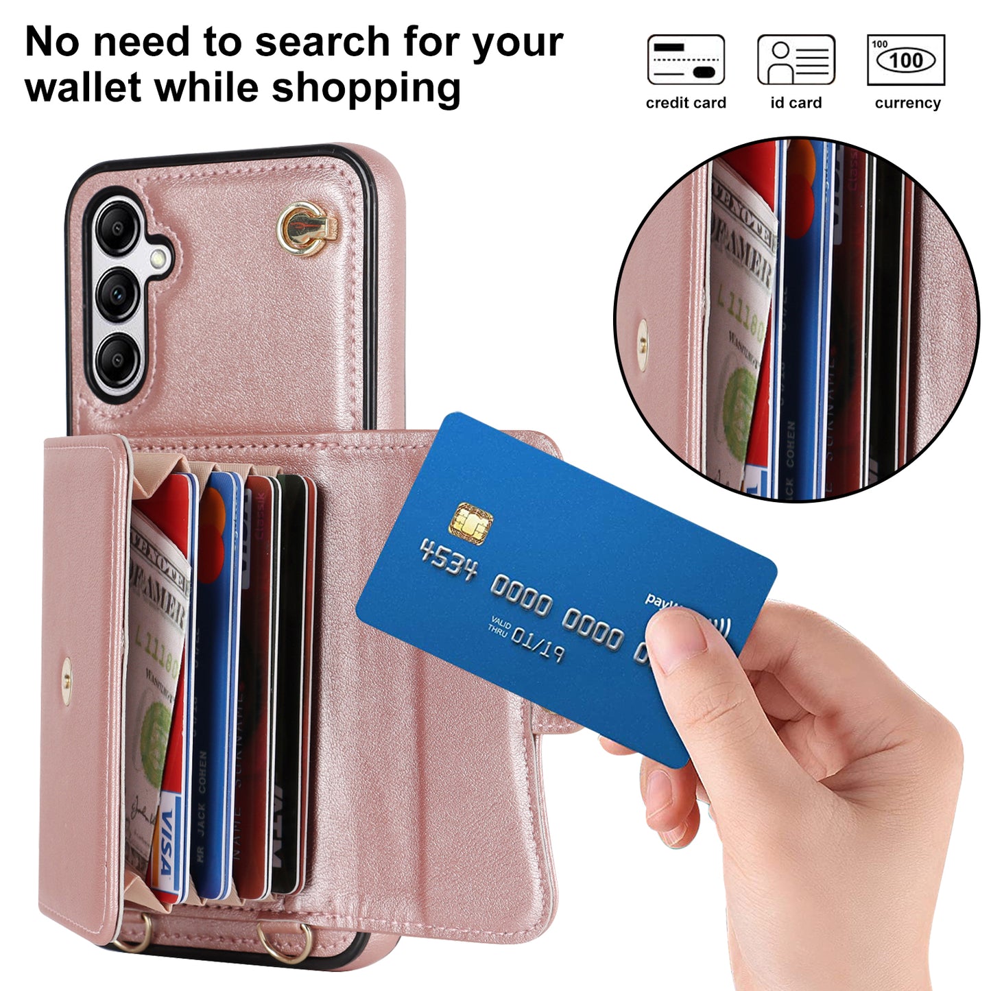 For Samsung Galaxy S24+ Phone Cover Card Slots Kickstand Crossbody Case with Hand Strap - Rose Gold