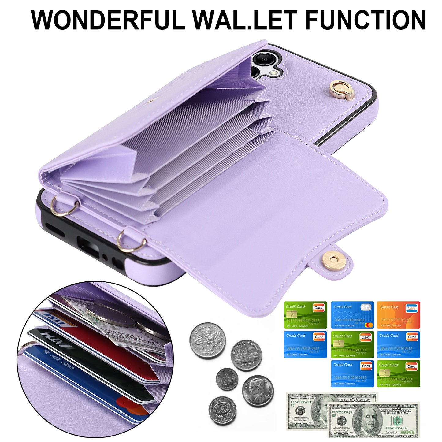 For Samsung Galaxy S24+ Phone Cover Card Slots Kickstand Crossbody Case with Hand Strap - Purple