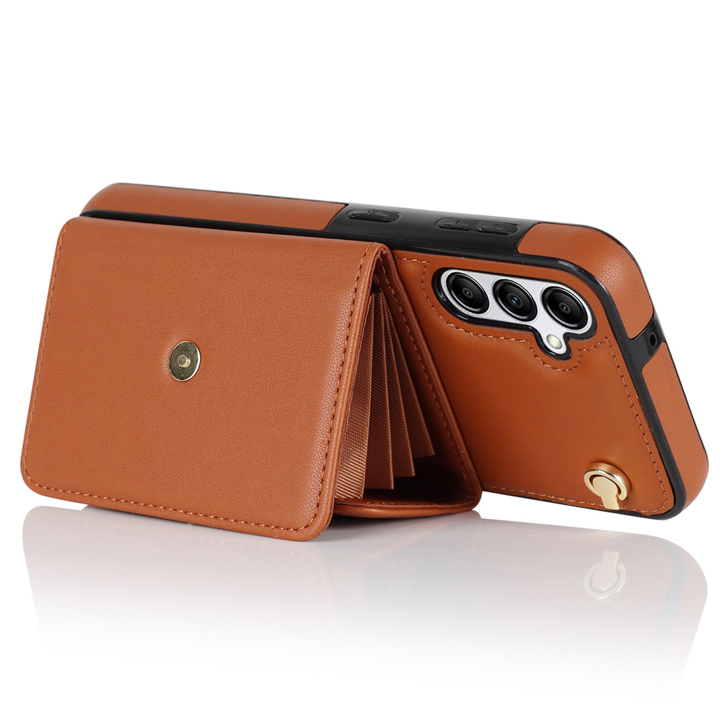 For Samsung Galaxy S24+ Phone Cover Card Slots Kickstand Crossbody Case with Hand Strap - Brown