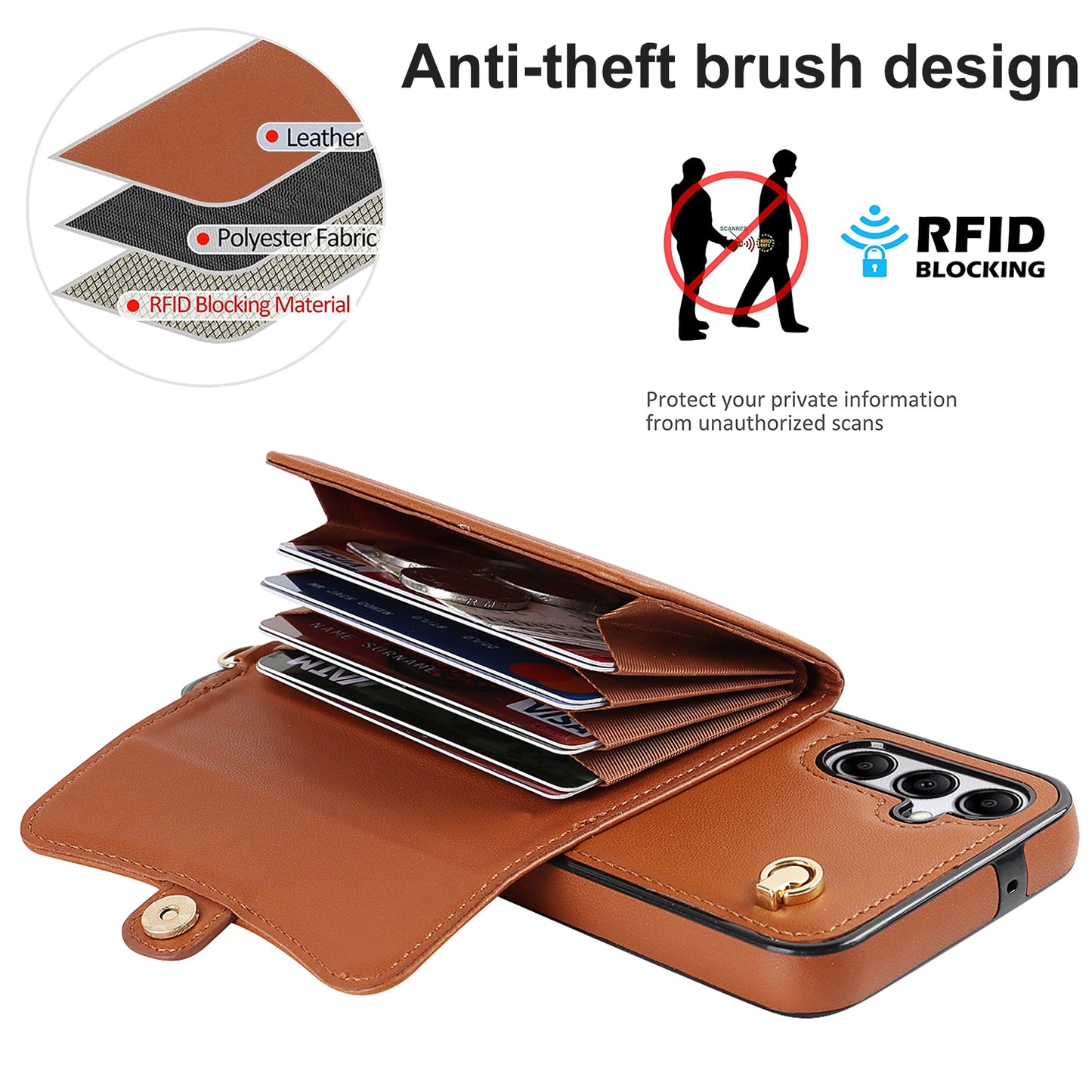 For Samsung Galaxy S24+ Phone Cover Card Slots Kickstand Crossbody Case with Hand Strap - Brown