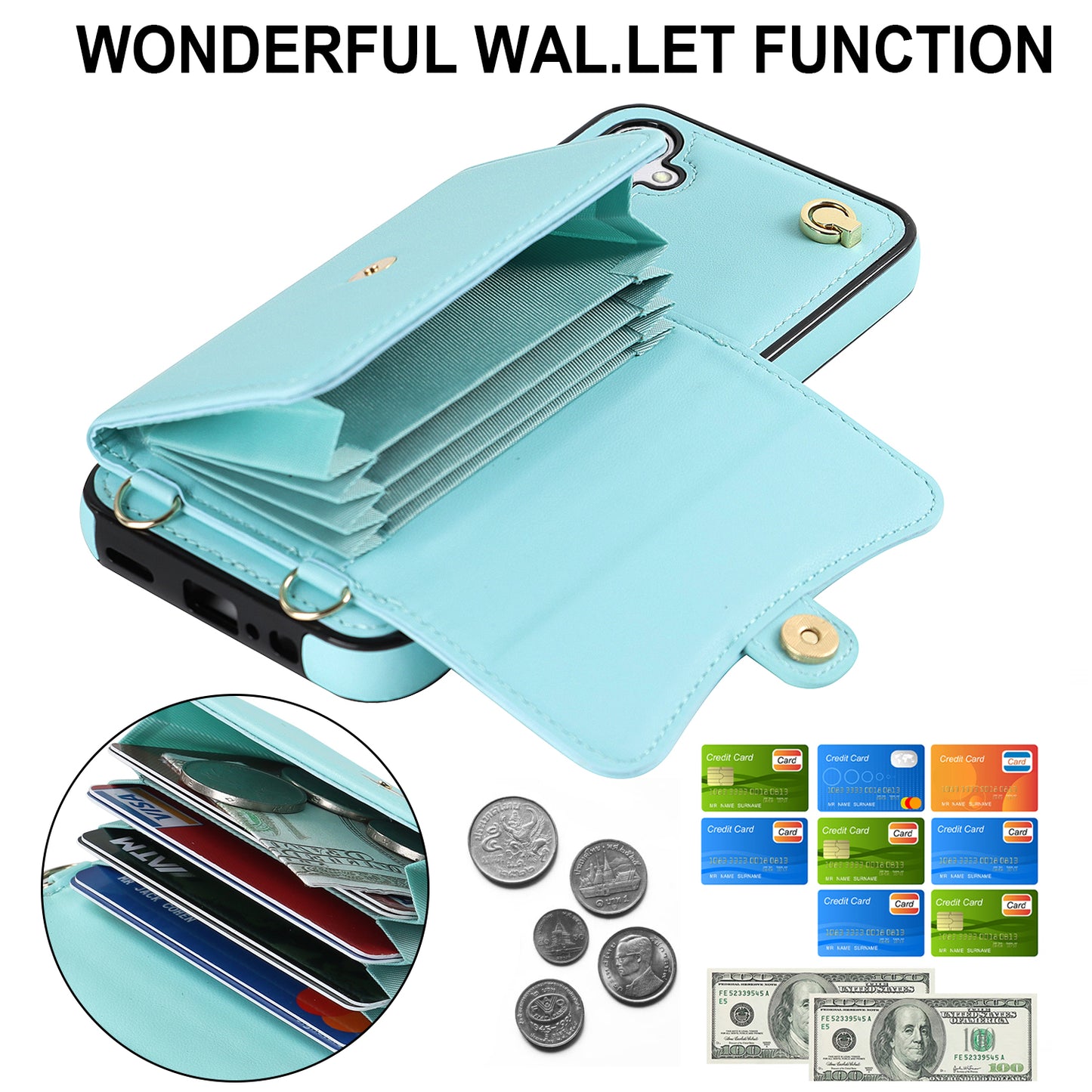 For Samsung Galaxy S24 Card Slots Phone Case Kickstand Crossbody Phone Cover - Blue