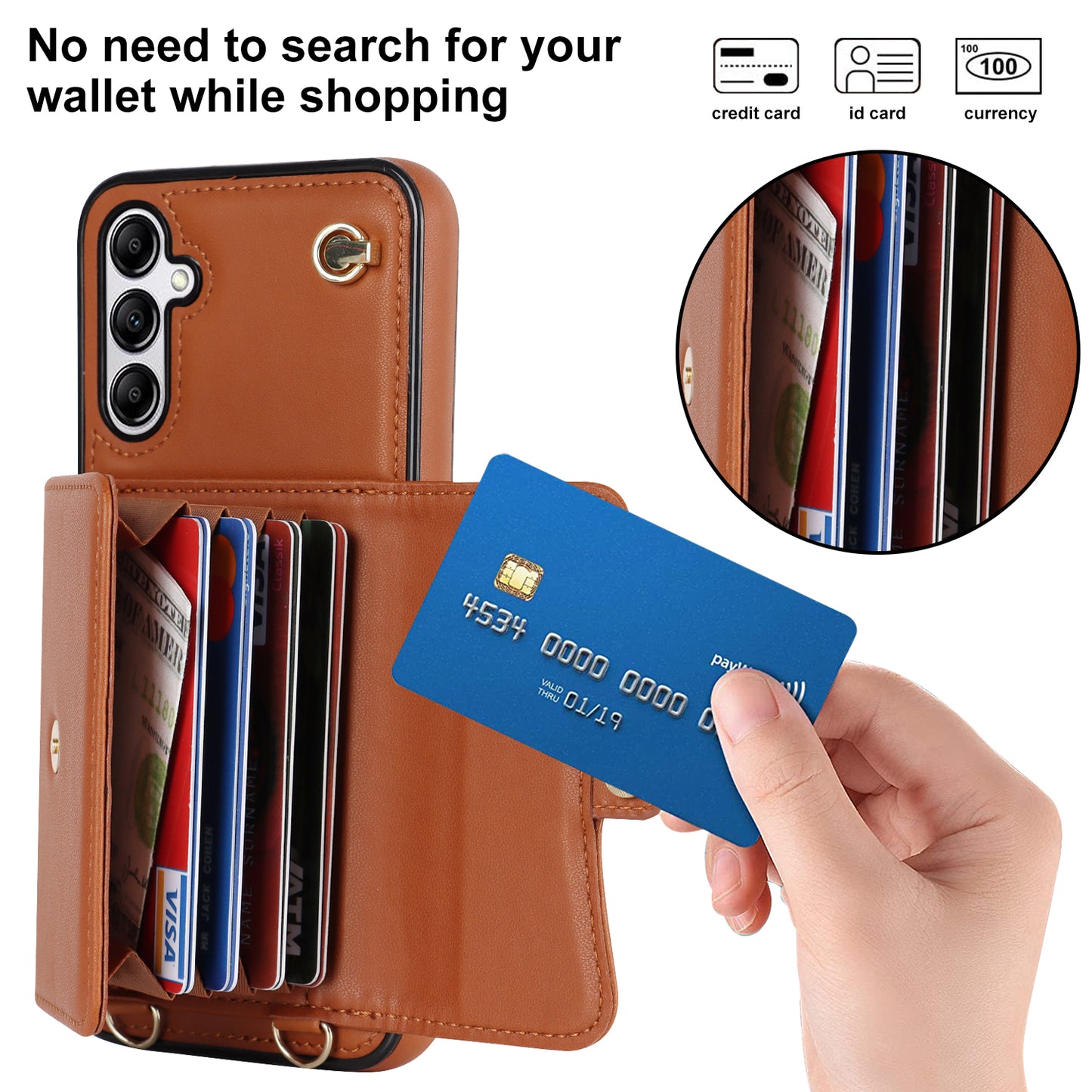 For Samsung Galaxy S24 Card Slots Phone Case Kickstand Crossbody Phone Cover - Brown
