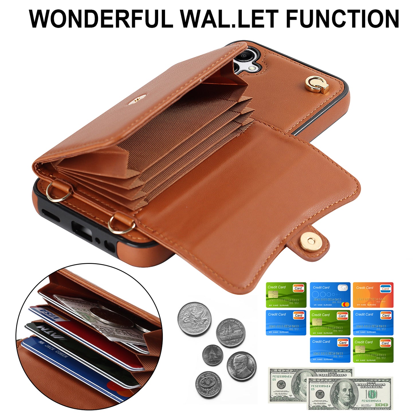For Samsung Galaxy S24 Card Slots Phone Case Kickstand Crossbody Phone Cover - Brown