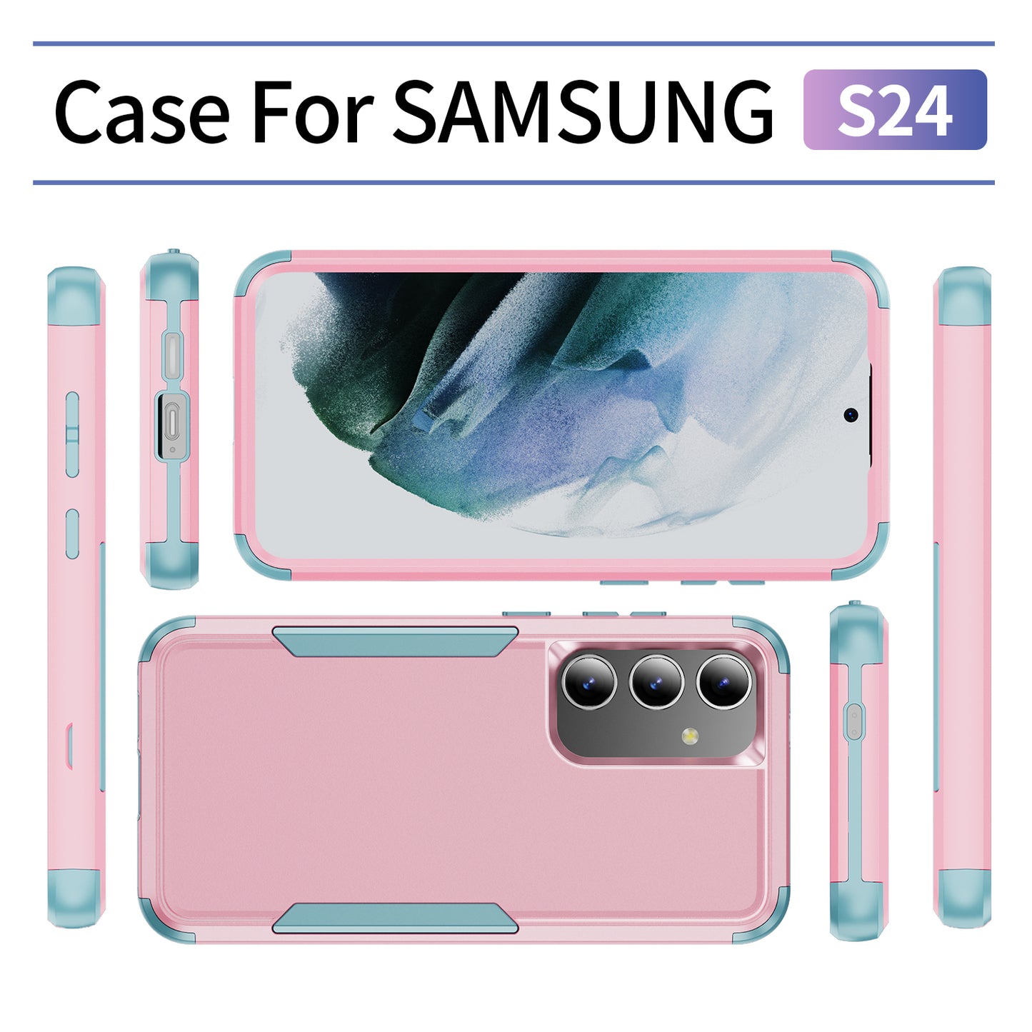 Commuter Series For Samsung Galaxy S24 Case 3-in-1 TPU+PC Anti-drop Back Cover - Pink / Grey Green