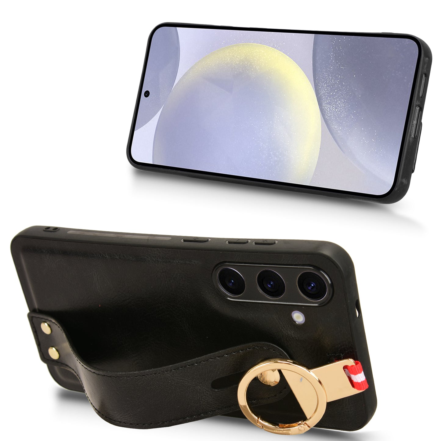 For Samsung Galaxy S24+ Case PU Leather+PC+TPU Wristband Kickstand Phone Cover - Black