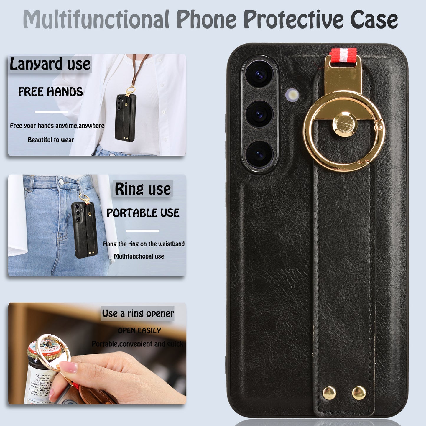 For Samsung Galaxy S24+ Case PU Leather+PC+TPU Wristband Kickstand Phone Cover - Black