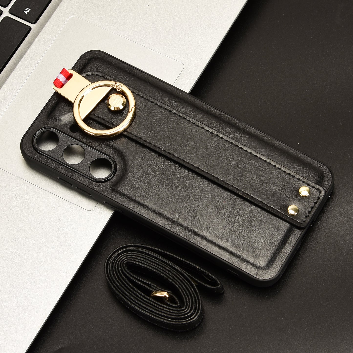 For Samsung Galaxy S24+ Case PU Leather+PC+TPU Wristband Kickstand Phone Cover - Black