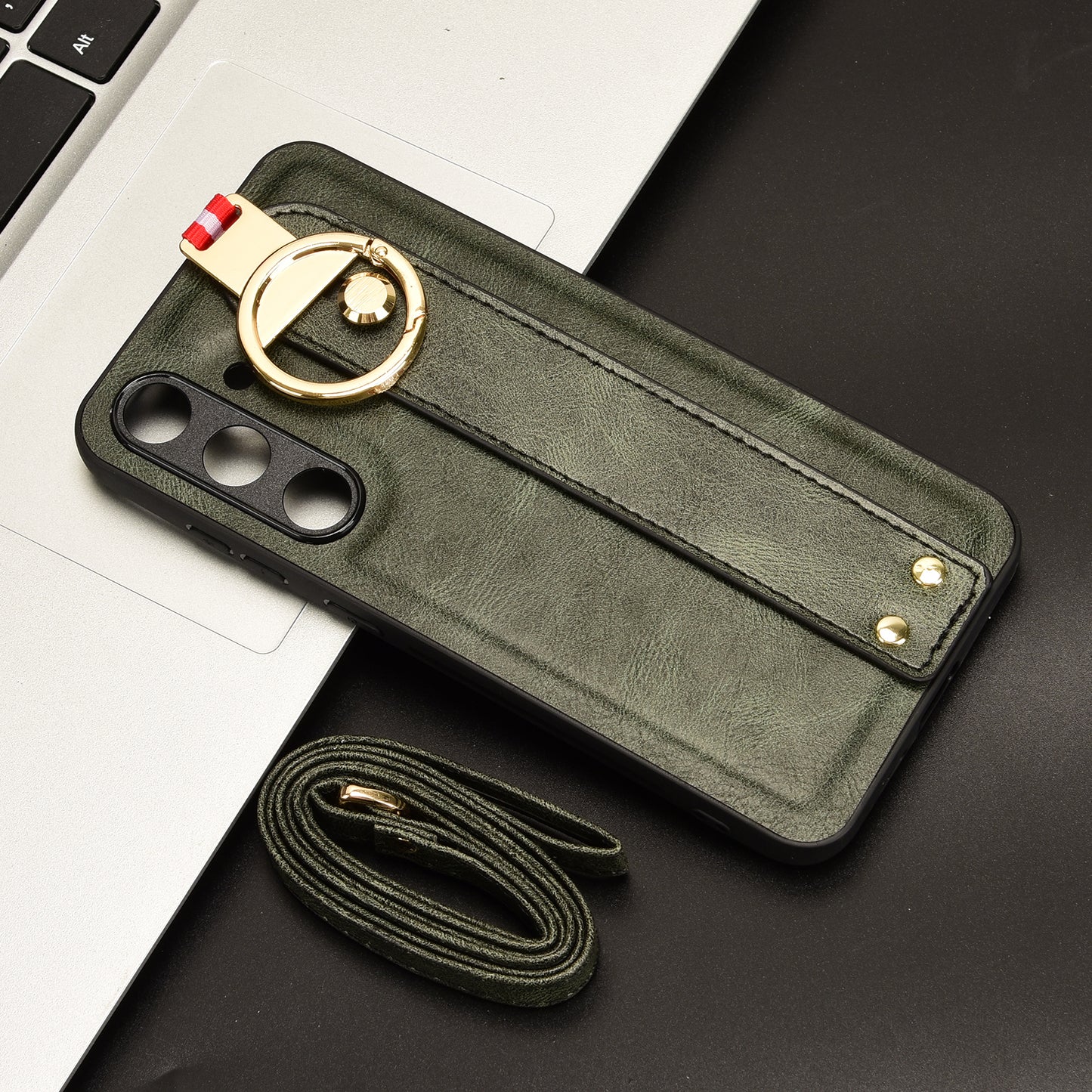 For Samsung Galaxy S24+ Case PU Leather+PC+TPU Wristband Kickstand Phone Cover - Green