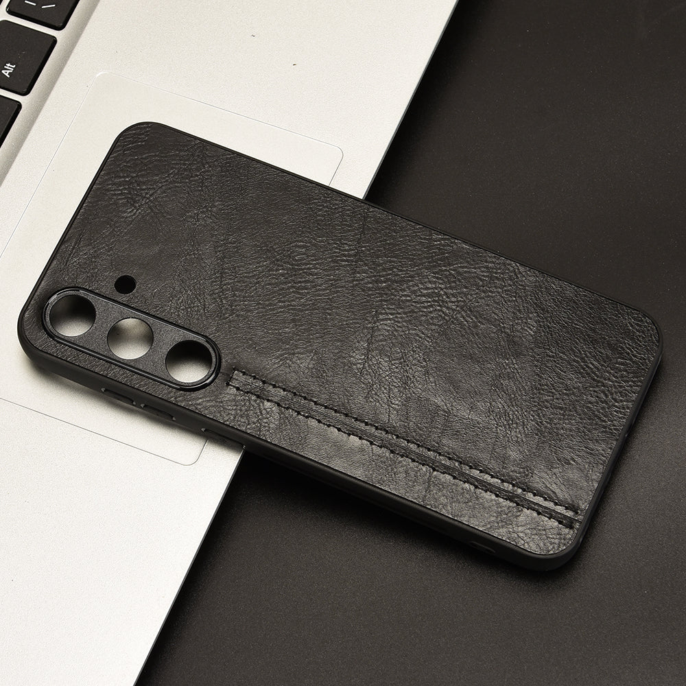 For Samsung Galaxy S24+ Cell Phone Case Cowhide Texture Shock Absorbing Cover - Black