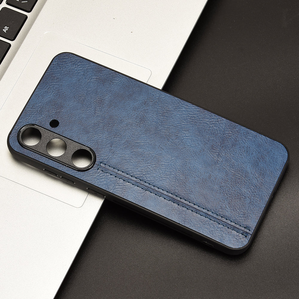 For Samsung Galaxy S24+ Cell Phone Case Cowhide Texture Shock Absorbing Cover - Blue