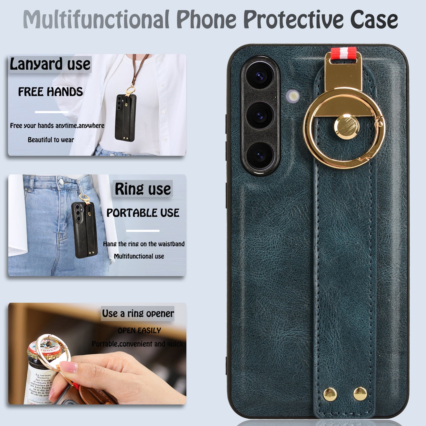 For Samsung Galaxy S24 Case PU Leather+PC+TPU Shockproof Bottle Opener Cover - Blue