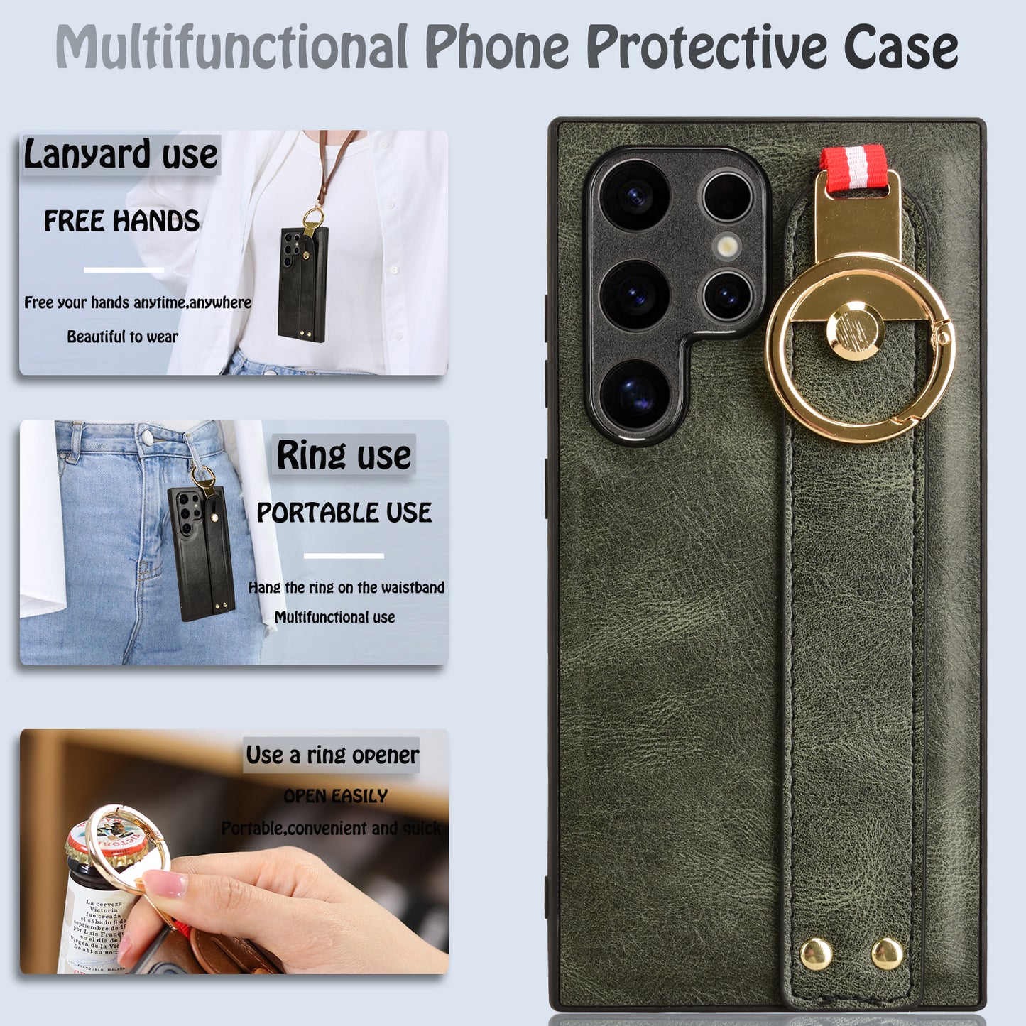 For Samsung Galaxy S24 Ultra Case Slim-Fit PU Leather+PC+TPU Back Shell with Neck Strap - Green