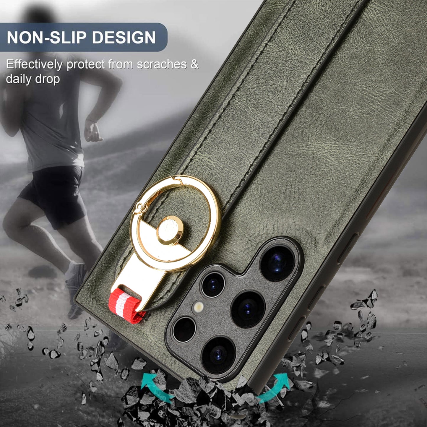 For Samsung Galaxy S24 Ultra Case Slim-Fit PU Leather+PC+TPU Back Shell with Neck Strap - Green