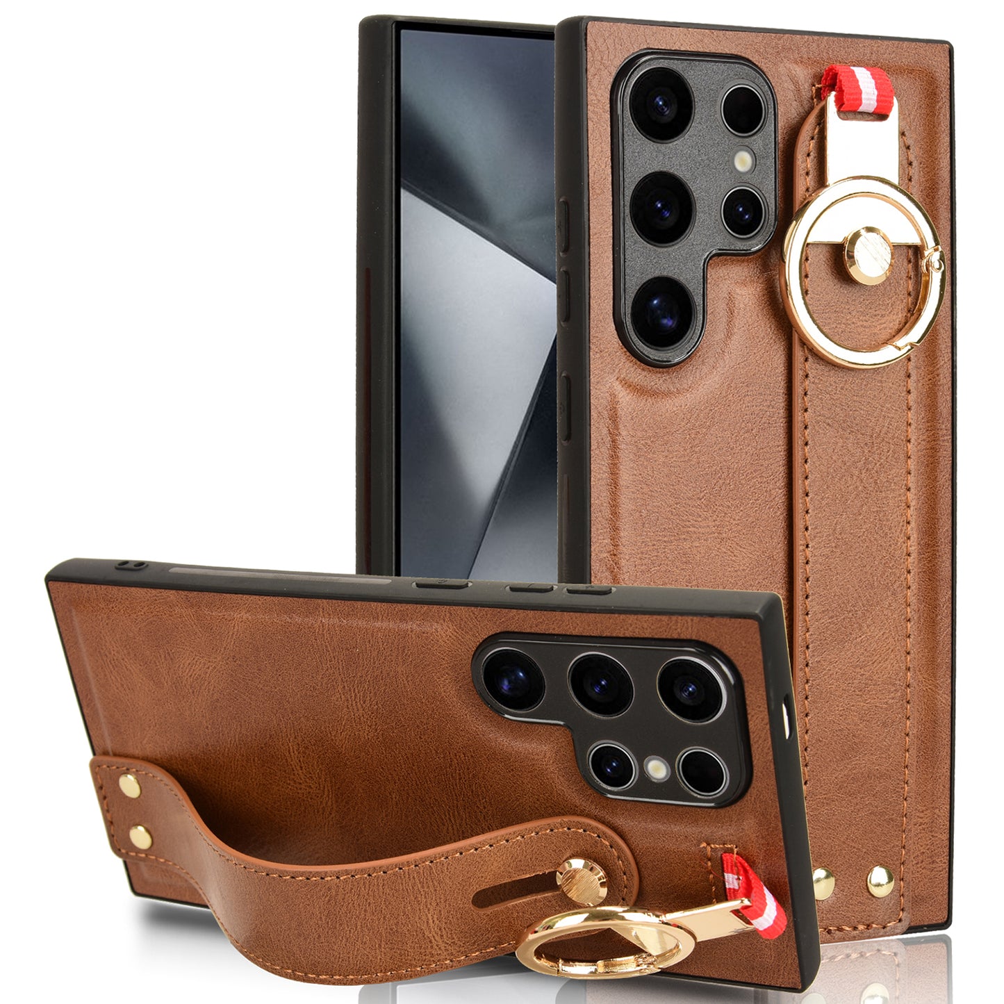 For Samsung Galaxy S24 Ultra Case Slim-Fit PU Leather+PC+TPU Back Shell with Neck Strap - Brown