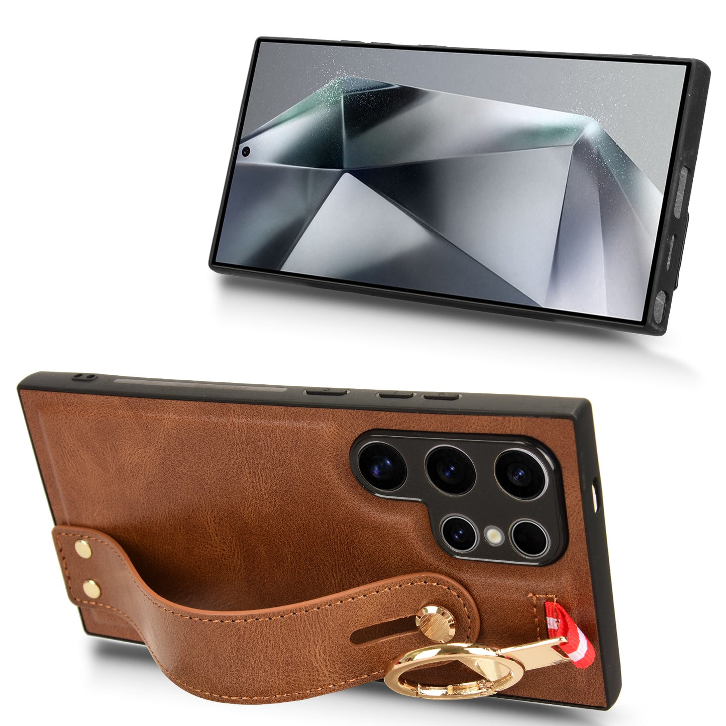 For Samsung Galaxy S24 Ultra Case Slim-Fit PU Leather+PC+TPU Back Shell with Neck Strap - Brown