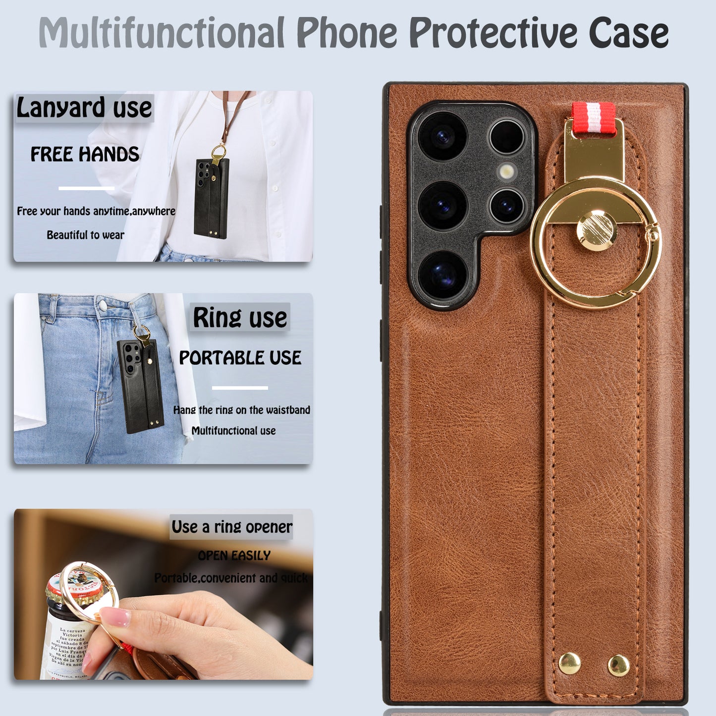 For Samsung Galaxy S24 Ultra Case Slim-Fit PU Leather+PC+TPU Back Shell with Neck Strap - Brown